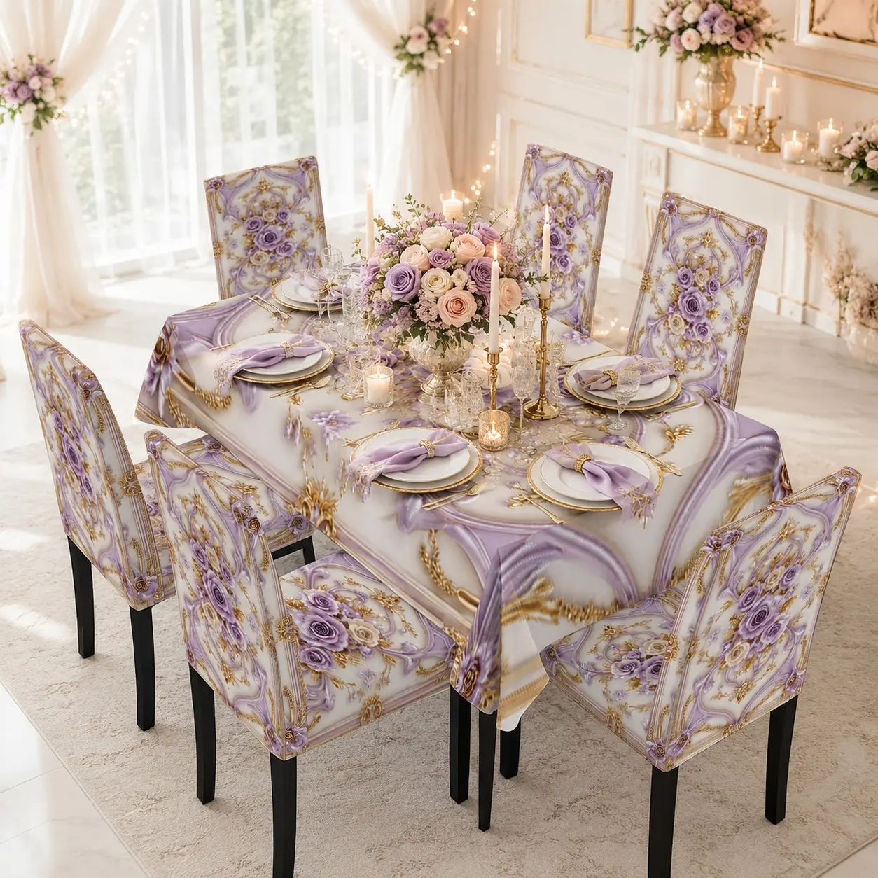 5/7Pcs Tablecloth and Chair Cover Set, Luxury 3D Purple Rose Gold Baroque Print Dining Table Cover with Stretch Washable Chair Covers, Elegant European Wedding Party Banquet Home Dining Room Decor