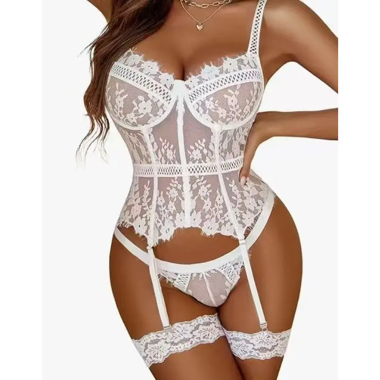 4-Piece Women’s Lace Bodysuit Lingerie Set, Sexy Floral Lace Teddy Romper with Garter Straps, Black Sheer One Piece Nightwear Cami Womenswear intimates