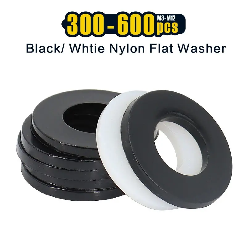 300-600Pcs Nylon Flat Washer Assortment – Black & White Plastic Fender Washers for Screws & Bolts, Premium Hardware Kit, DIY Assorted Sizes