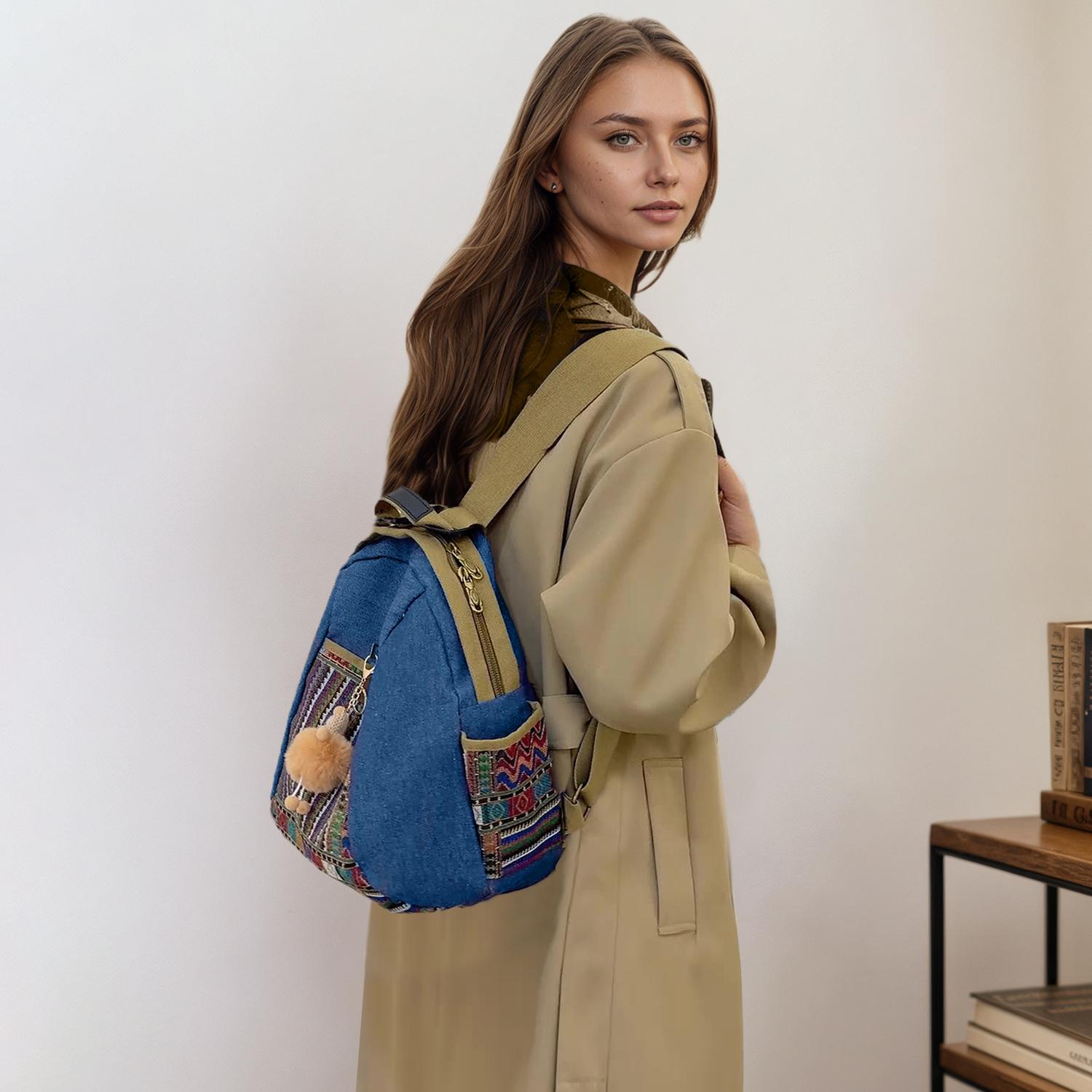 Women's Practical Denim Rucksack with Double Zipper Closure, Classic Printed Shoulder Bag with Adjustable Strap and Top Handle for Casual Daily Use and Commuting