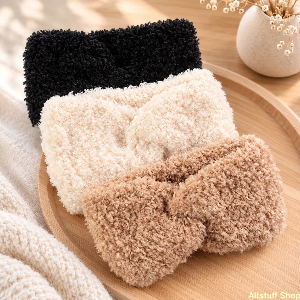 Women's Winter Thick Fleece Headband Plush Wide Elastic Hair Tie Vintage Spa Face Washing Head Wrap Thermal Postpartum Turban for Cold Weather