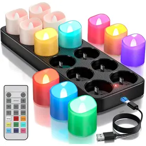 Rechargeable Flameless Colored  Lights Candles with Remote  Station, 12 count  Operated LED Electric Color Changing Tealight Candles with Timer for Halloween Christmas Party Decor