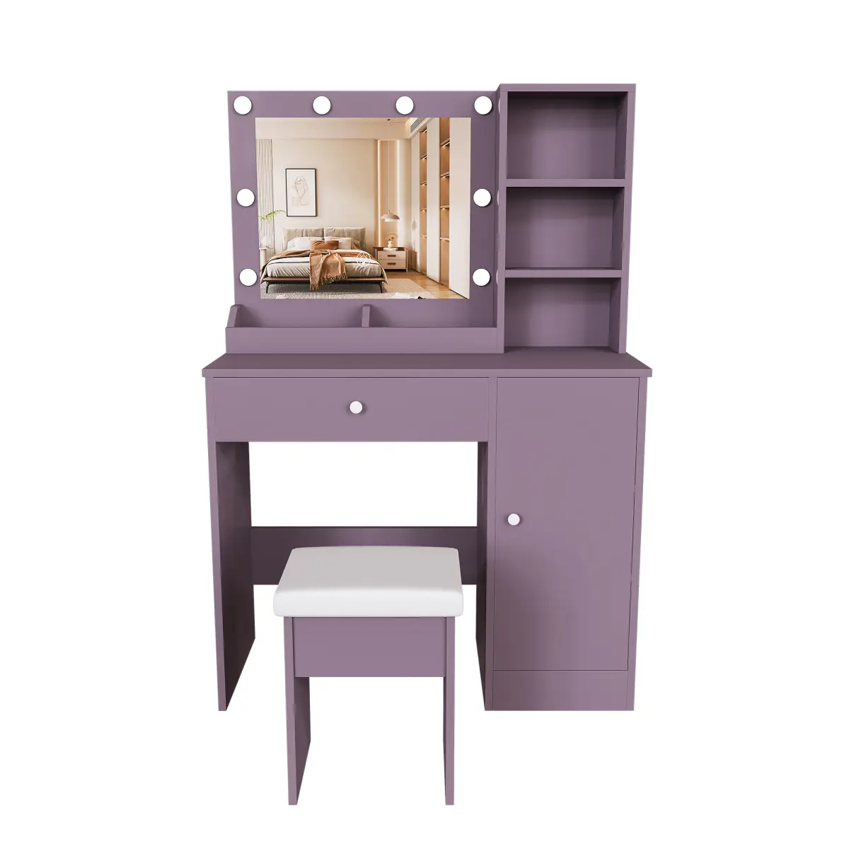 Stylish Vanity Desk Set with Padded Stool & Adjustable Lighted Mirror (Round Bulbs, 3 Color Modes),  Modern Bedroom Makeup Vanity Desk Combo, Purple, Vanity Setup, Makeup Organization