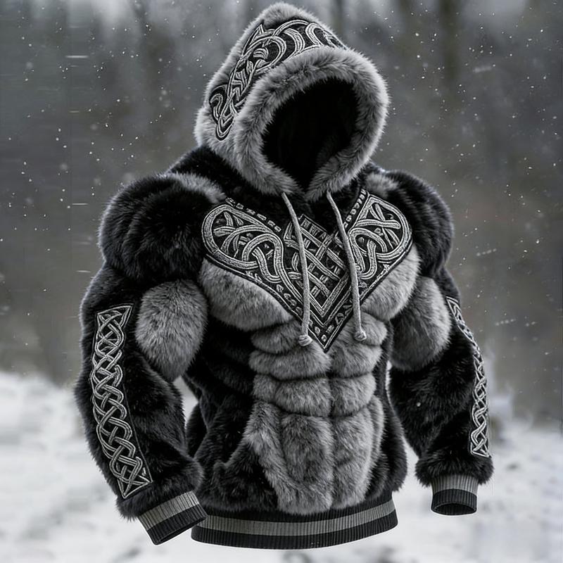 Men's 2D Muscle Sculpted Teddy Fleece Hoodie - Oversized Quilted Fuzzy Sweatshirt for Streetwear & Winter Warmth Dark Muscle-Feel Fleece Hoodie with 3D Tailored Chest Abs and Arm Sculpting