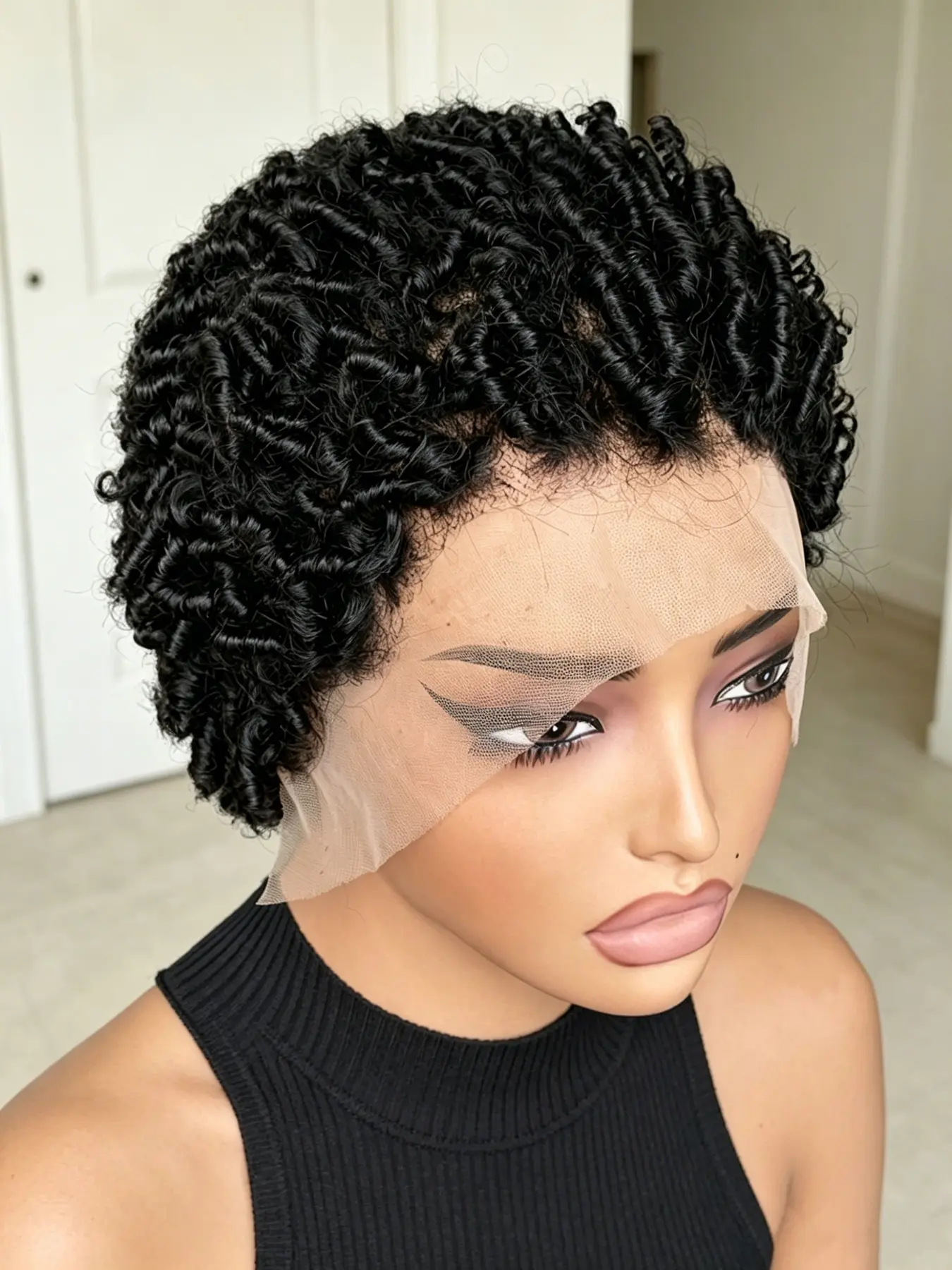 13X4 lace front afro pixie cut human hair wig PIXIE human hair wig short kinky curly human hair wig daily party use black color for women Lace Frontal Wigs