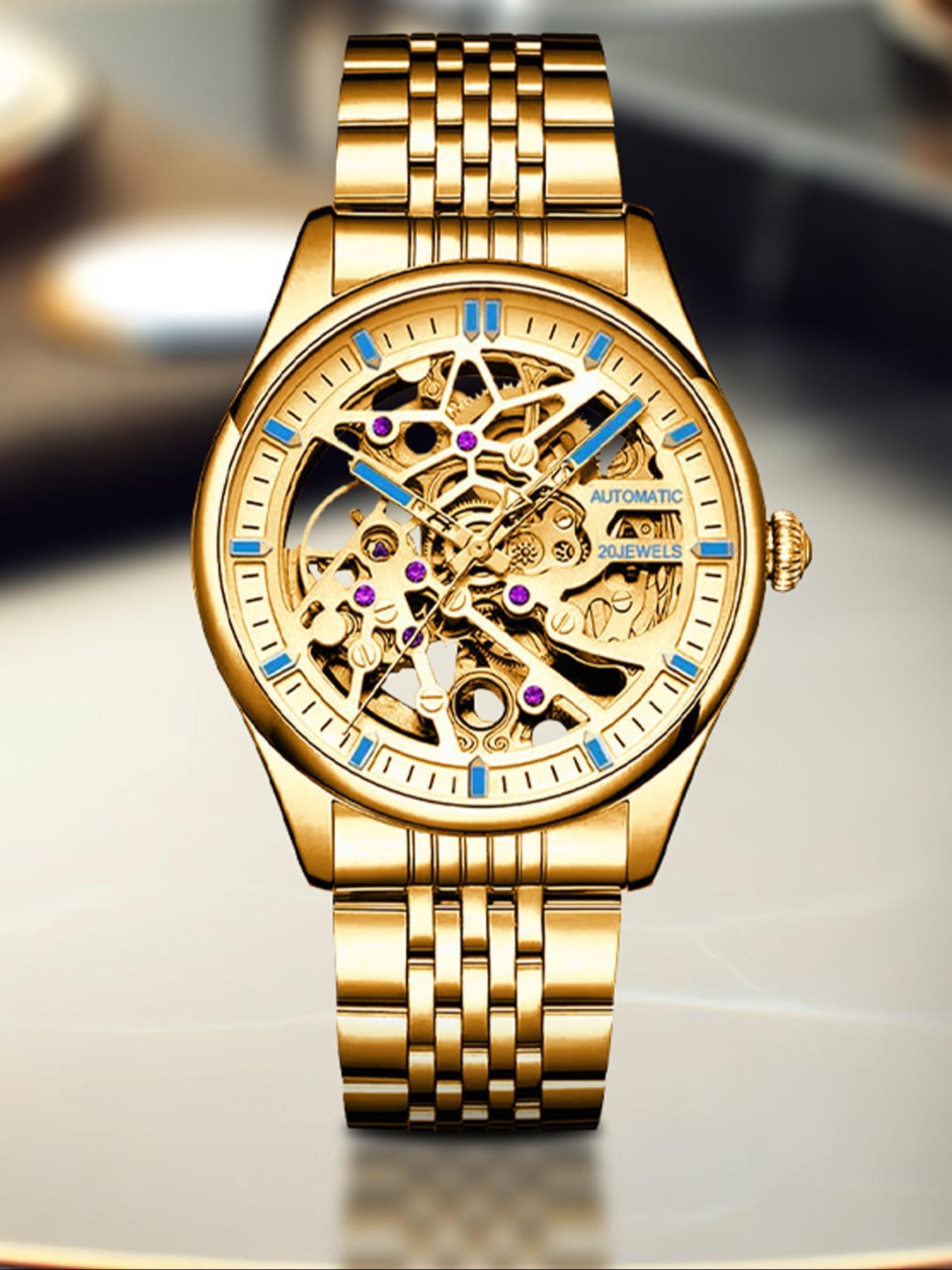 Men's Business Fashion Automatic Round Dial Mechanical Watch with Engraved Design, Elegant All-match Fashion Accessories for Daily Wear, Exquisite Accessories for Birthday Gifts, Mechanical Style Watches