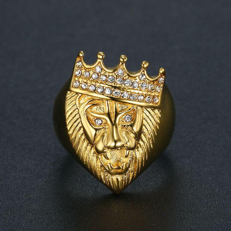 [FLAME] Hip Hop Crown Lion Head Ring Gold Plated Stainless Steel Bling Diamond Inlay Men's Fashion Statement Punk Street Hip Hop Jewelry Accessories
