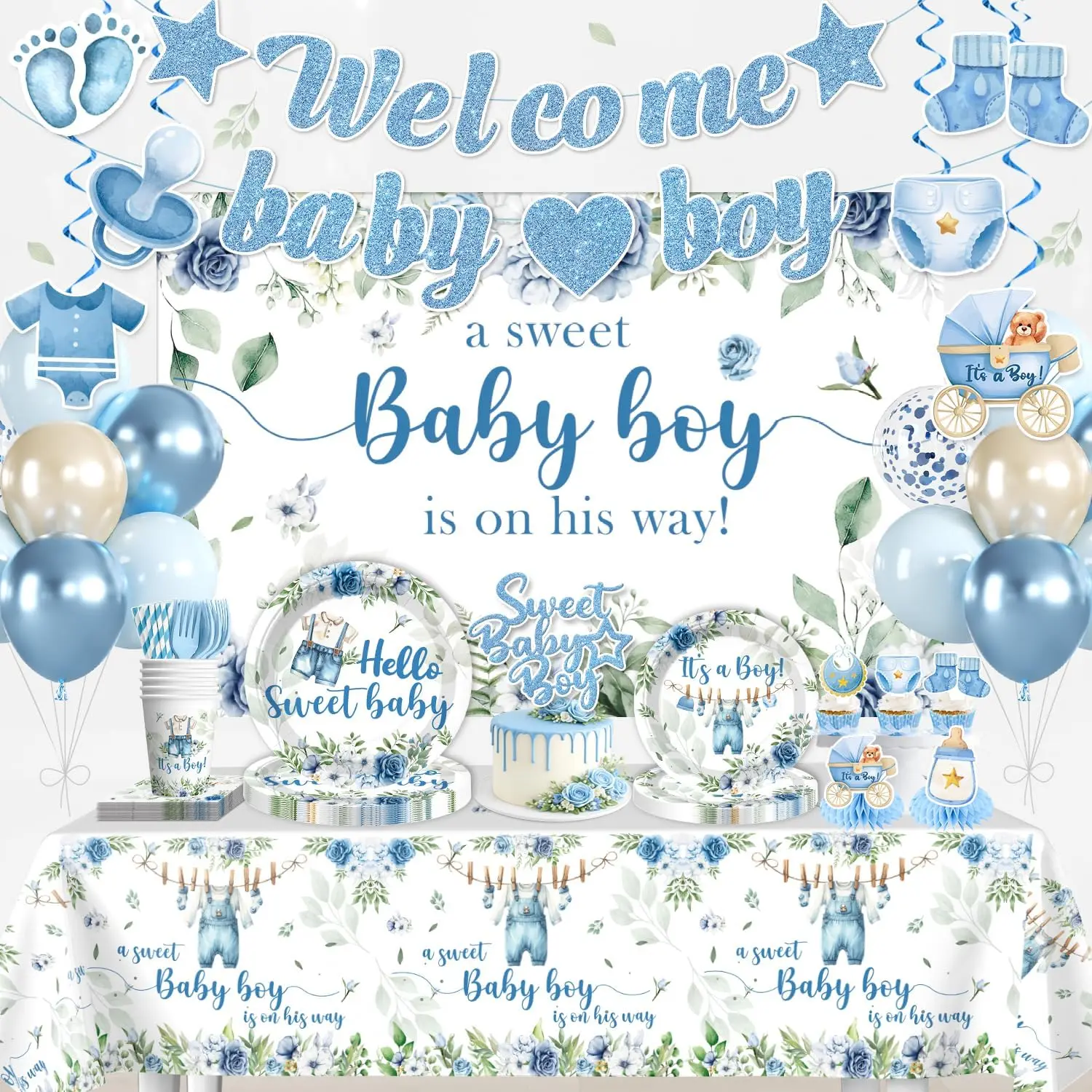 ncocomigo 222Pcs Baby Boy Shower Decorations, All-in-One Blue Baby Shower Party Supplies Includes Banner, Backdrop, Cake Topper, Paper Plates and Napkins, Easy Setup Baby Shower Boy Decor, Serves 25