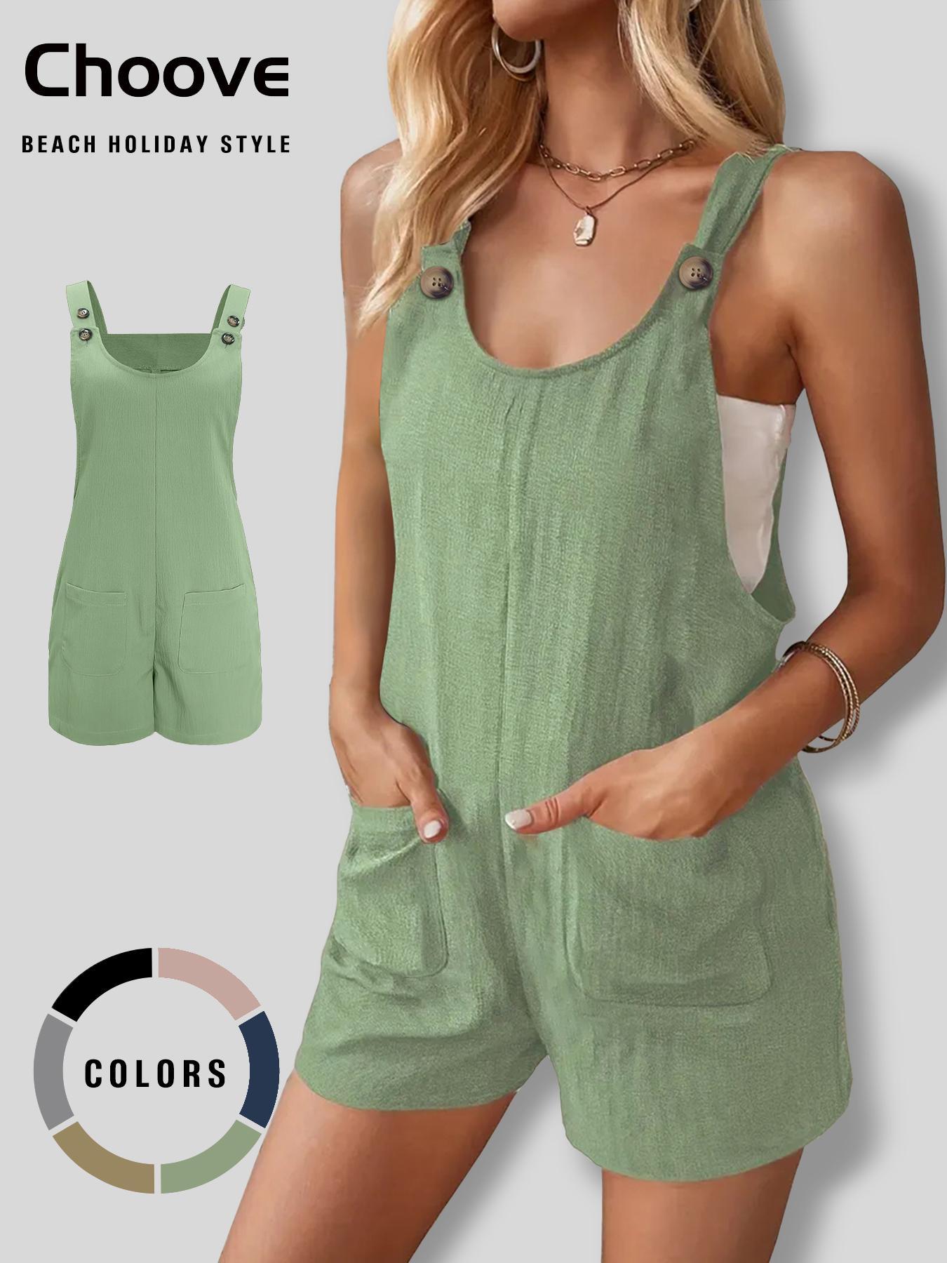 Women's Casual Overalls with Adjustable Buckles, 2 Patched Pockets, Sleeveless, Short Fitted Design, Plain Pattern, Perfect for Daily Wear & Holiday Beach Wear