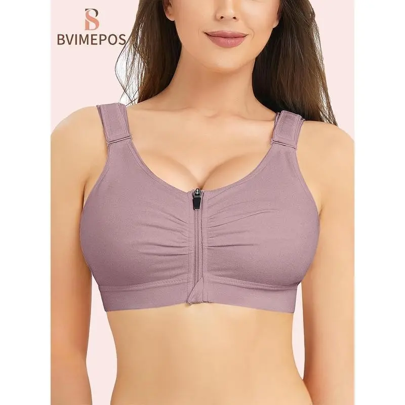 [Post-Surgery Compression Bra] Wireless Full Coverage Women's Post-Surgery Zip-Front Compression Bra - Adjustable Straps, 84% Cotton 16% Spandex, Beige, Ideal for Daily Wear, Yoga & Exercise