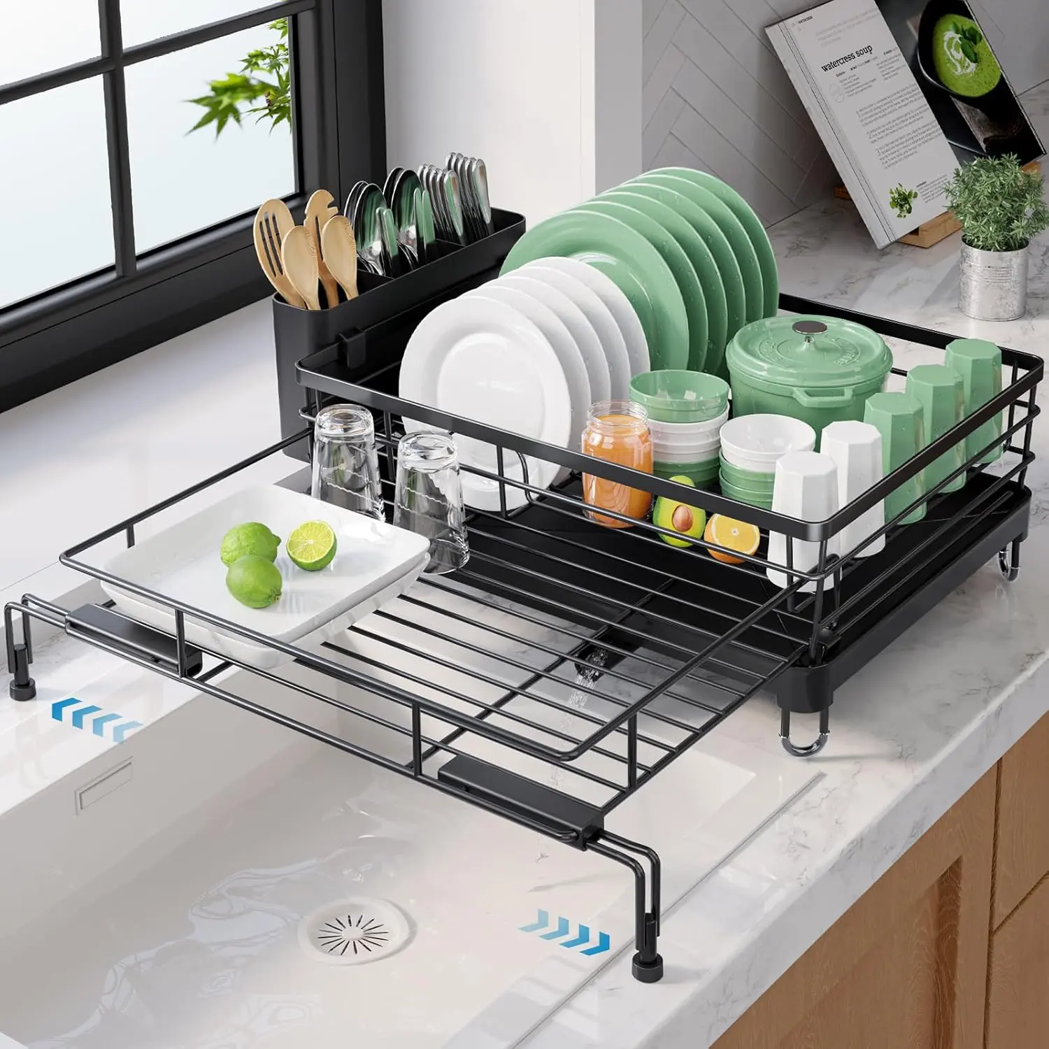 Adjustable Dish Drying Rack, 15.6''-25.2''L × 16.9''W, Black | Large Dish Drying Rack, Rust-Resistant Dish Racks for Kitchen Counter, With Adjustable Support Legs, Cutlery Holder