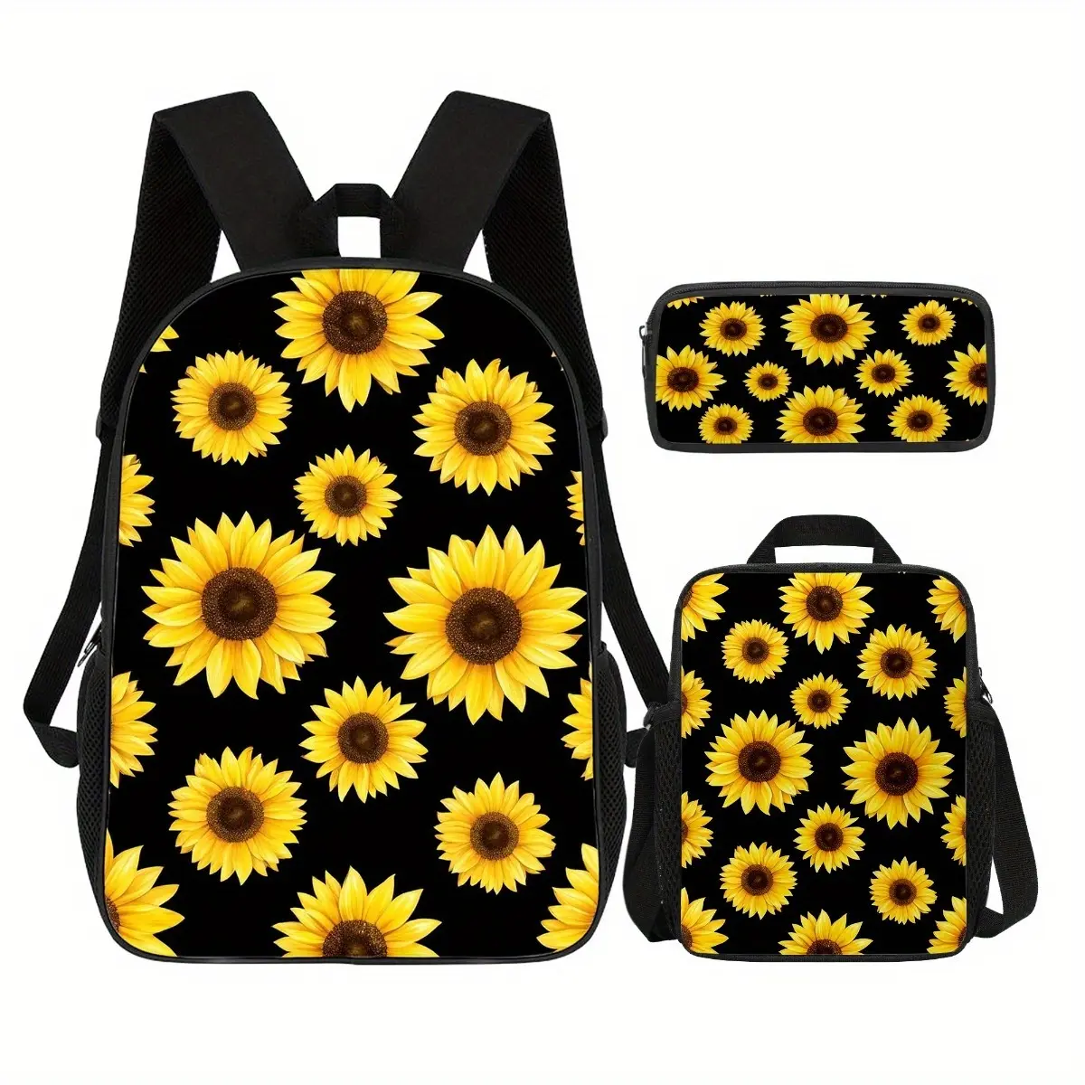 Set of 3 Sunflower Design Backpacks for Both Men And Women, Featuring a Spacious 17.1 Inch Backpack, an Insulated Lunch Box, And a Versatile Pencil Case, Ideal for School, Outdoor Activities, Commuting, Traveling, Meals, Vacations