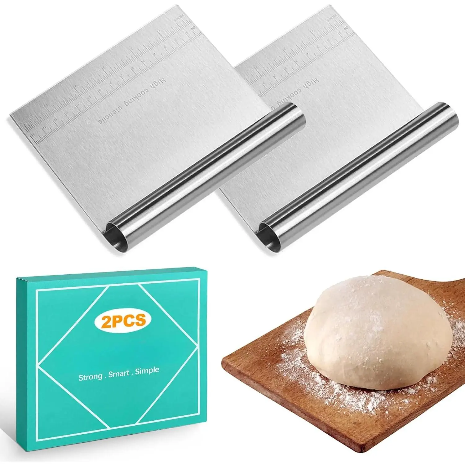 2 Pack Stainless Steel Dough  & Pastry Scraper, Bench  with Measuring Scale, Multipurpose   for Bread, Pizza & Cake, Professional Baking Tools