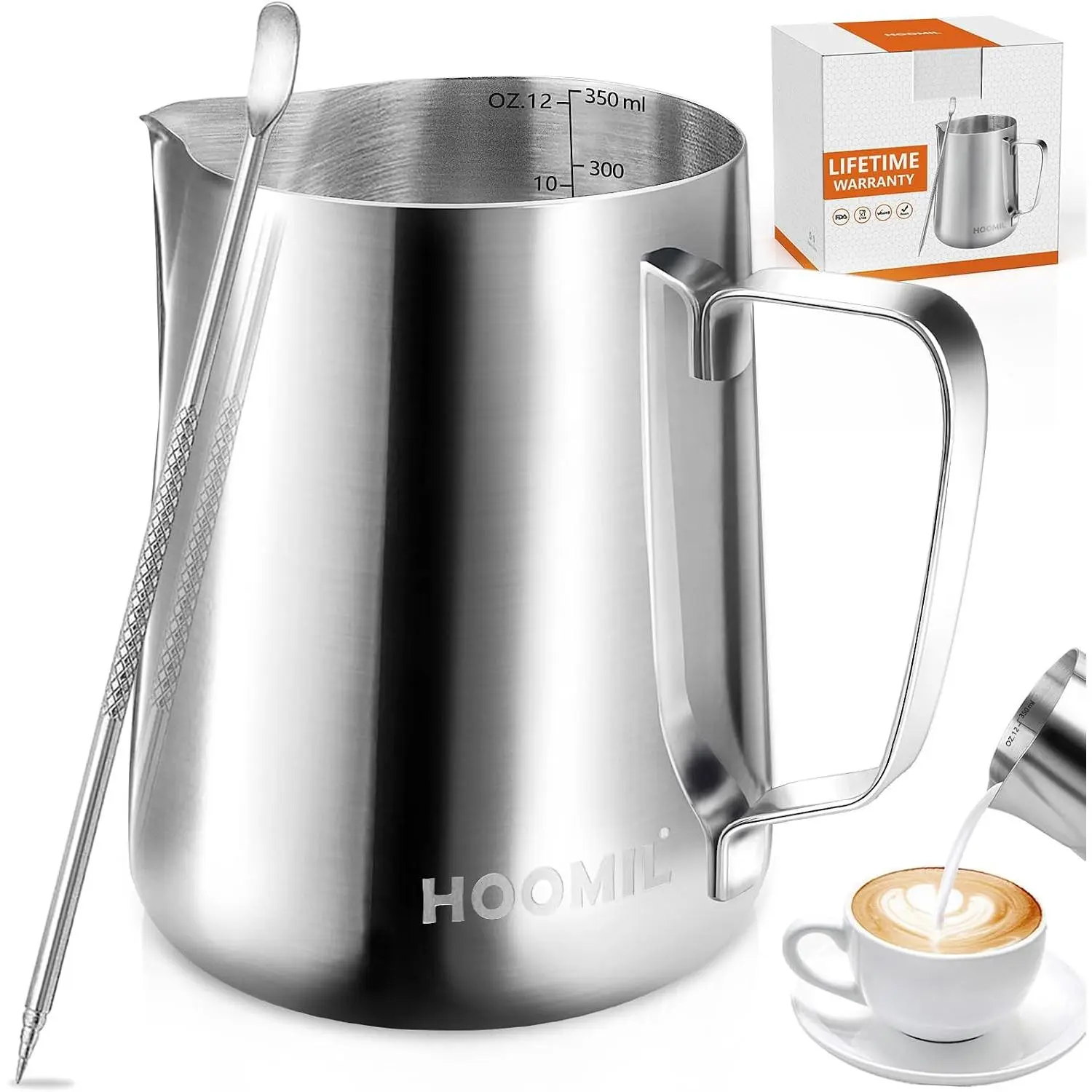 Milk Frothing Pitcher, 12oz/20oz/32oz 304 Stainless Steel | Steaming Pitcher with Clear Scale, Barista Milk Frother Cup Jug for Espresso Machine Coffee Cappuccino Latte Art - 12oz