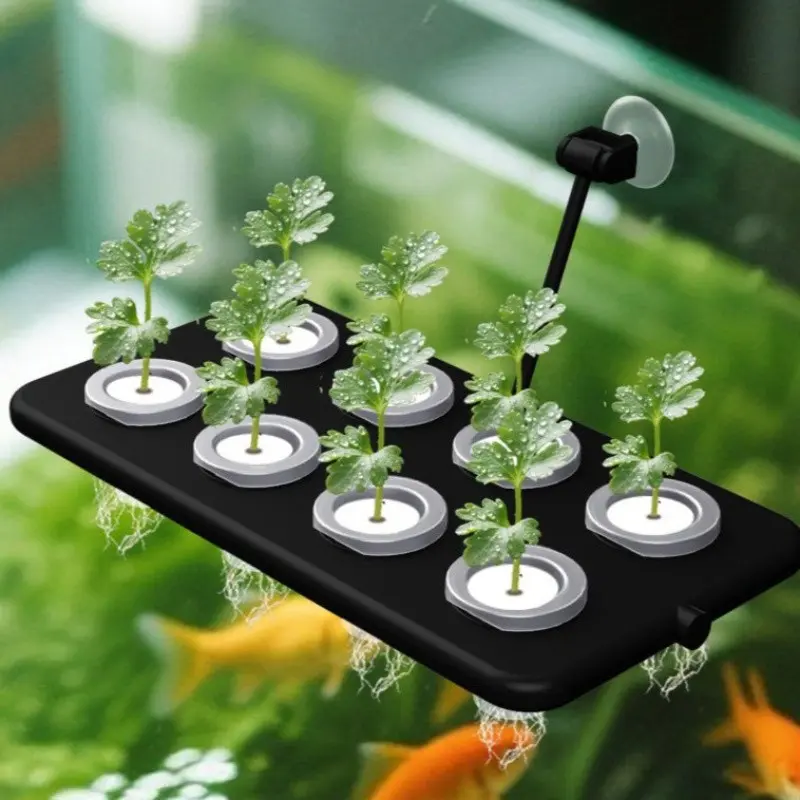Fish Tank Floating Hydroponic Plant Grower Set, 8 Plant Pots + 8 Rooting Mats, Plastic Wall-Mounted Suction Cup, Aquarium Decor, Aquarium Decorations