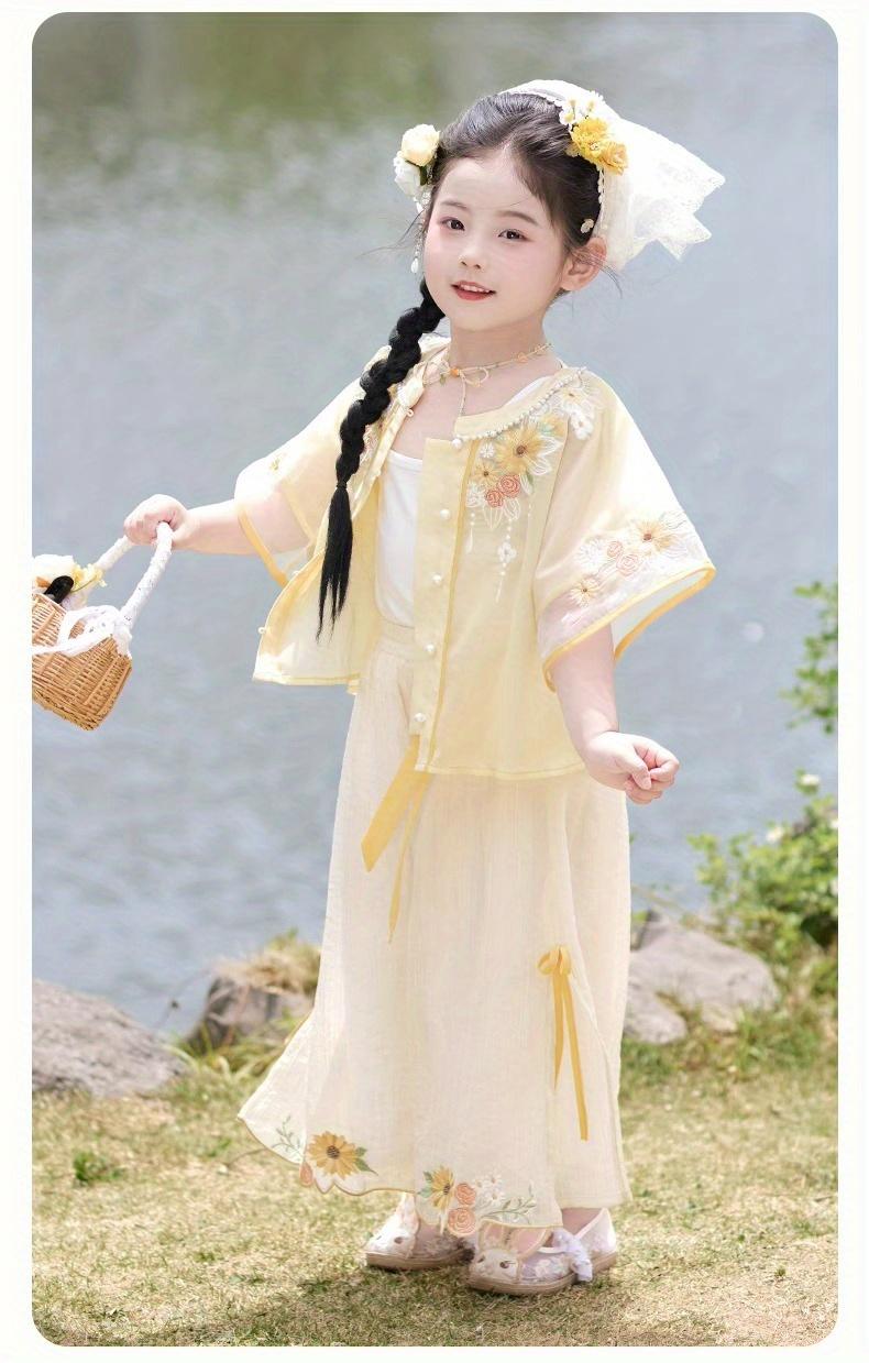 NewXingkui Girls' Outfit New Chinese Hanfu 2025 Summer Latest Super Cute Tang Dress Fashionable Summer Attire for Back to School, Chinese Size, Please Check The Size Guide Carefully
