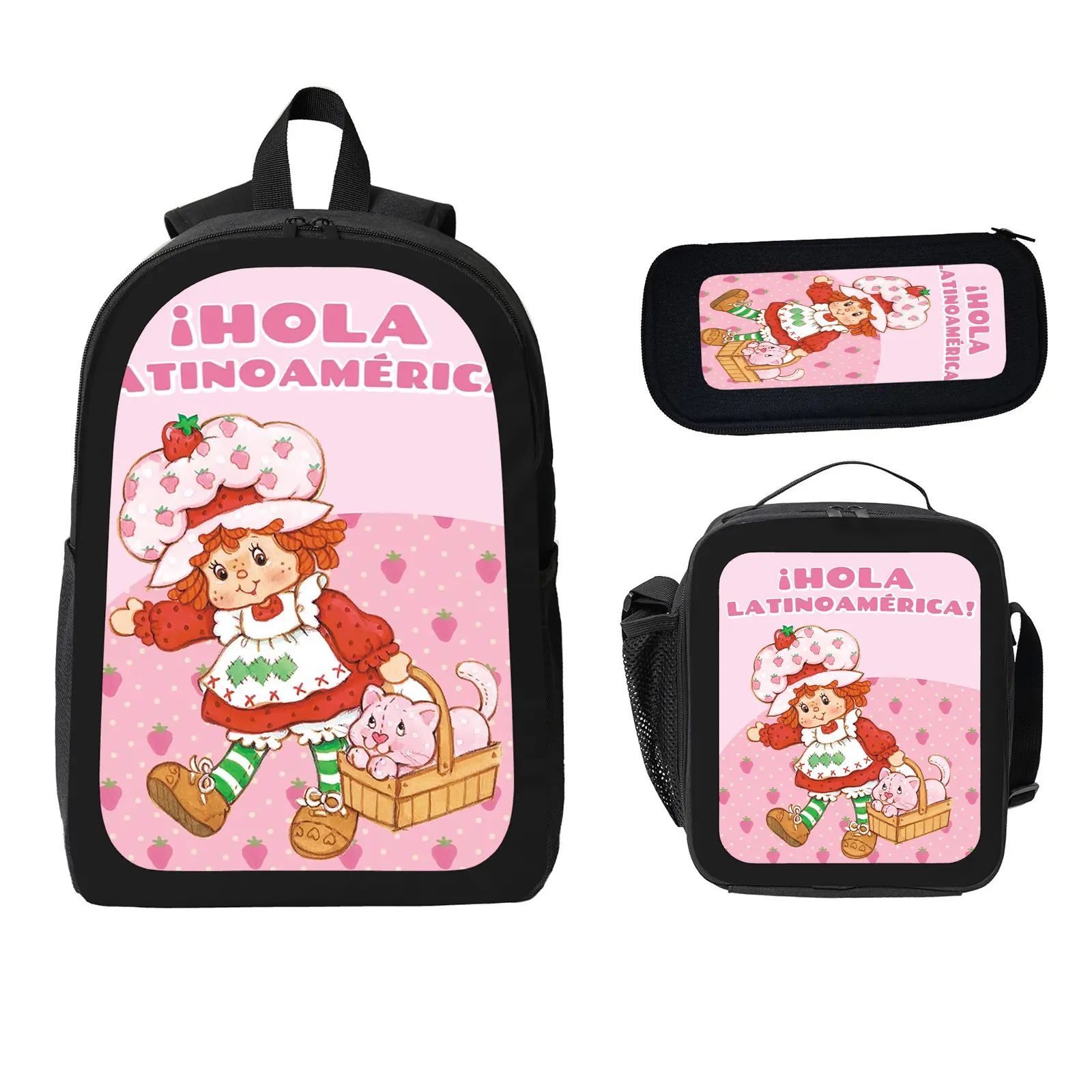 Strawberry Shortcake 3 Pcs School Backpack Set for Boys Girls Kids, Large Capacity Bookbag with Insulated Lunch Bag Pencil Case, Water Resistant Travel Daypack for Elementary Middle School b-70