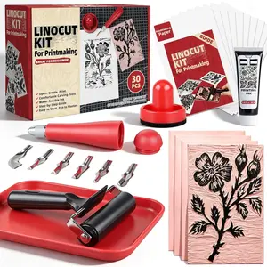 Linocut Kit for Printmaking - Block Printing Kit with 4 Soft-Cut Linoleum Blocks, Ink, Brayer Roller & Carving Tools - Rubber  Making Kit for Beginners - Arts and Crafts for Adults DIY