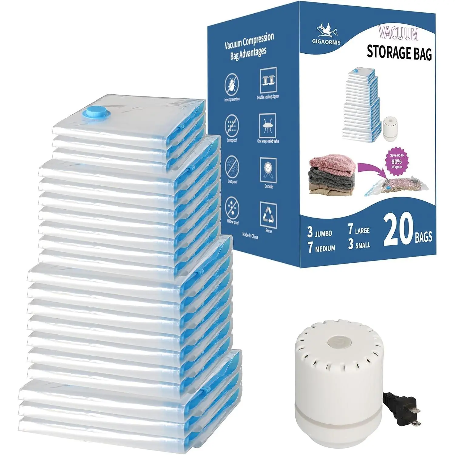 Vacuum Bags 20 Pack Electric Pump, 80% Saver Vacuum Seal bags| Vacuum Sealer Compression Bag, Saving Reusable for Clothing Travel, Move, Clothes, Blanket, Comforter, Sweaters