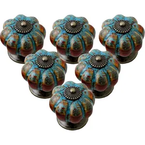 Antique Vintage Pumpkin Shaped Cabinet Knobs, Blue Brown Marbled Leopard Ceramic Drawer Pulls, Zinc Alloy Decorative Dresser Door Knobs, 6 Pack Farmhouse American Style Hardware for Kitchen Cupboard Closet Furniture