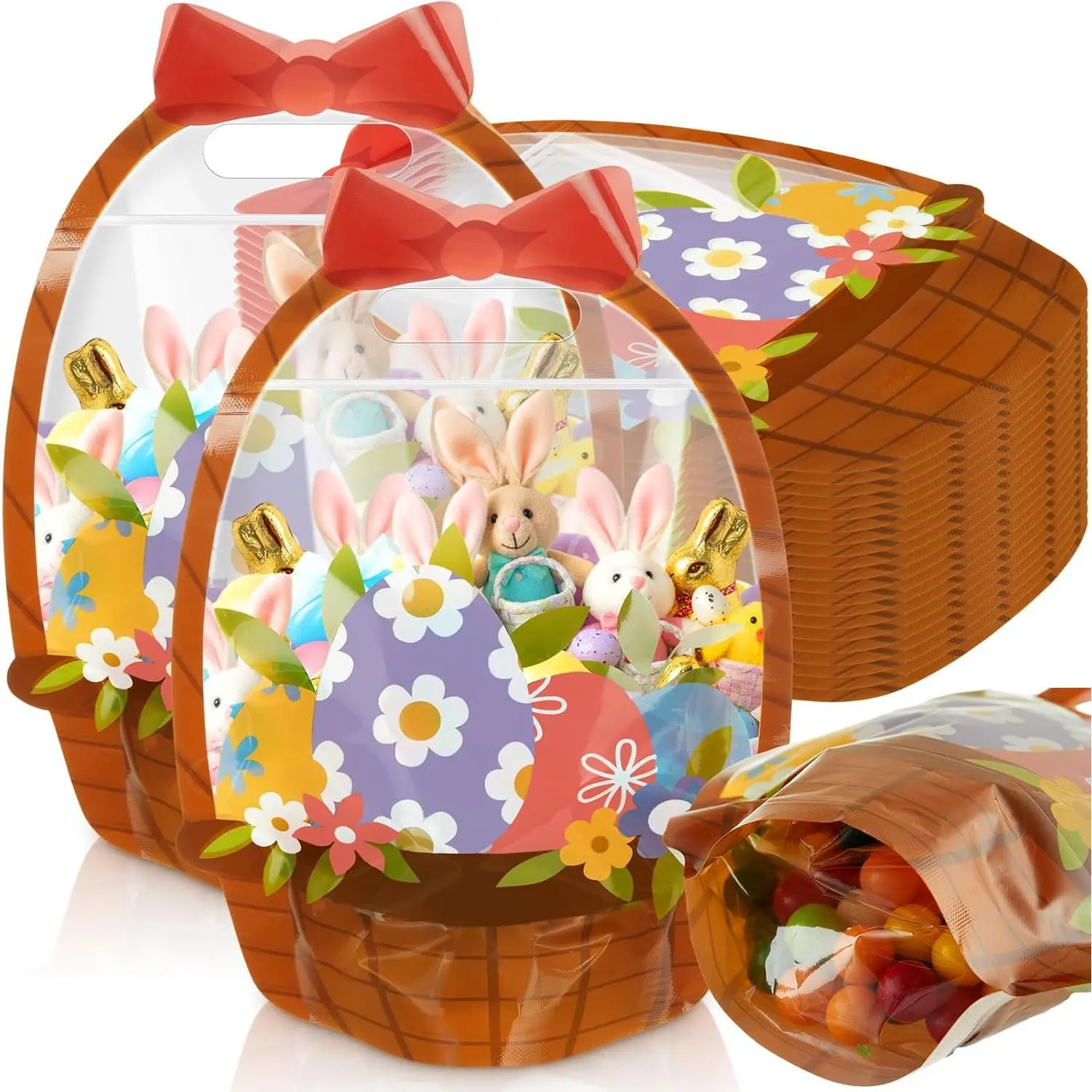 100 count Summer Goodie Bags Cute  Bags Floral Bunny Eggs Candy Pouches with Handles, Colorful Plastic Sealing Pouch for Cookie Summer  Shower Party