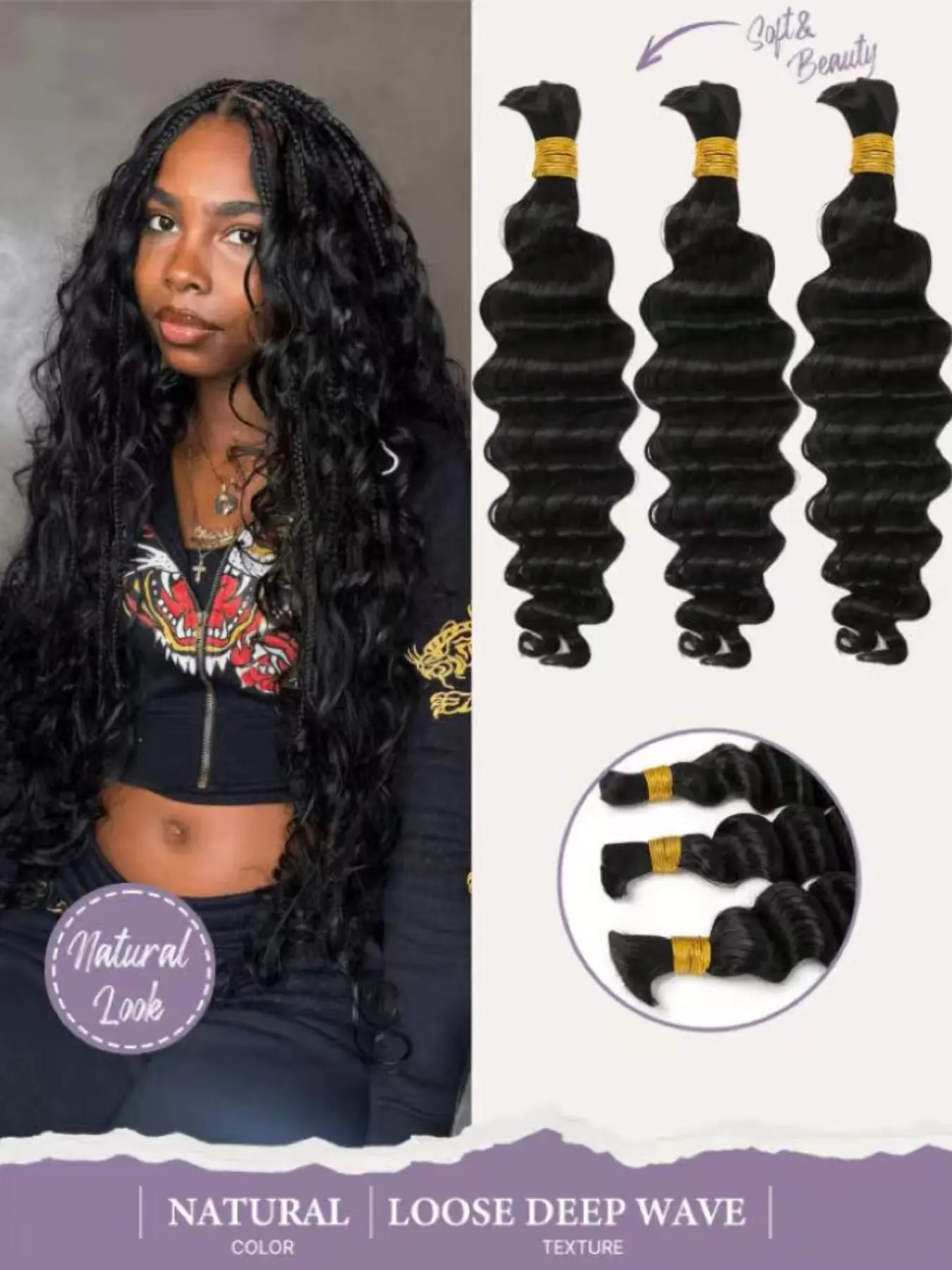3 Bundles Loose Deep Wave Boho Braids, Curly Human Hair Bulk Extensions, Knotless No Weft Human Hair for Braiding, Natural Wavy Hair
