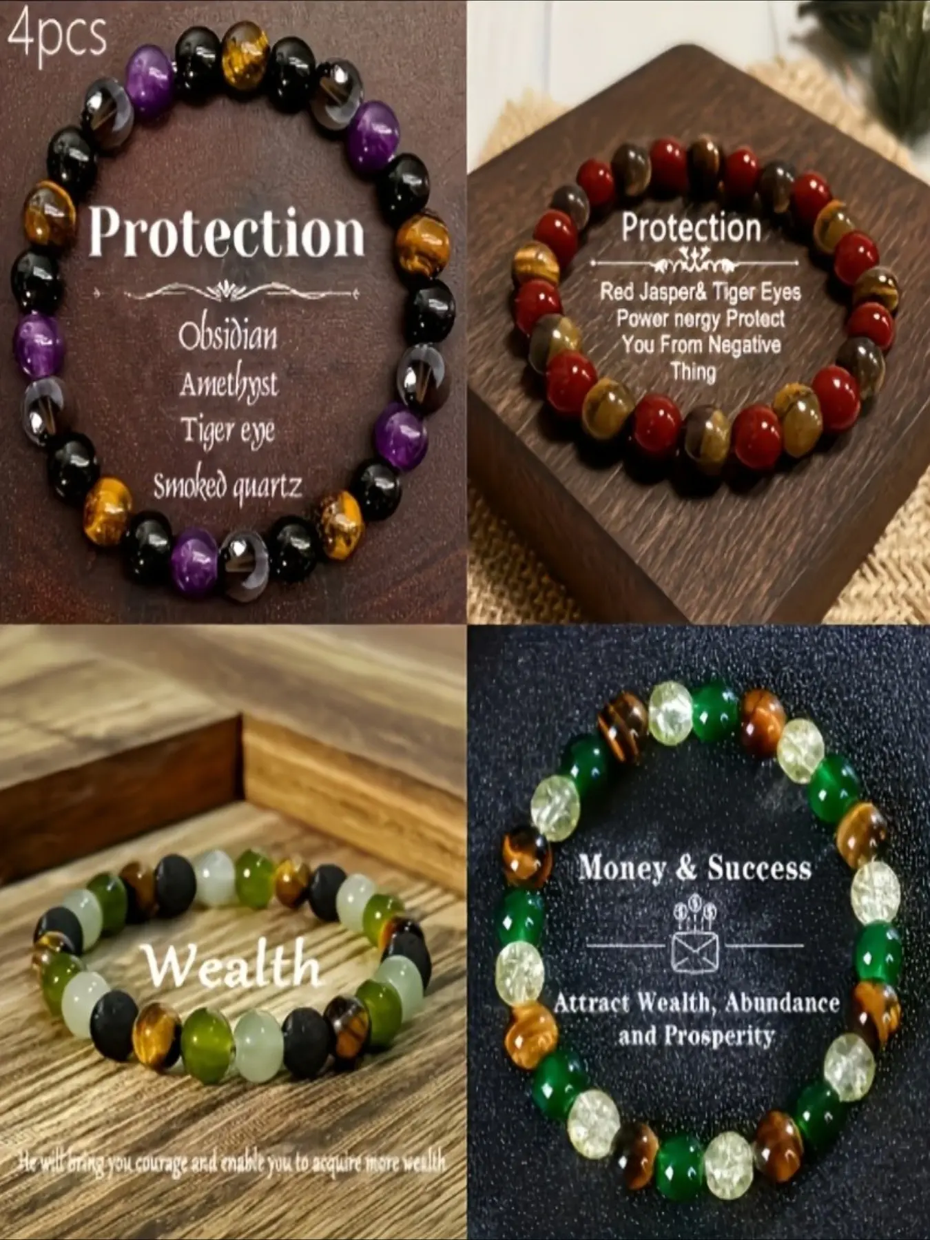 Set of 4 Women'S Natural Stone Protection Bracelets - Featuring Amethyst, Obsidian, And Smoky Quartz Beads in an Elastic Band, Designed in Black And Golden Tones with Transparent Spherical Beads And Smooth Cylindrical Obsidian