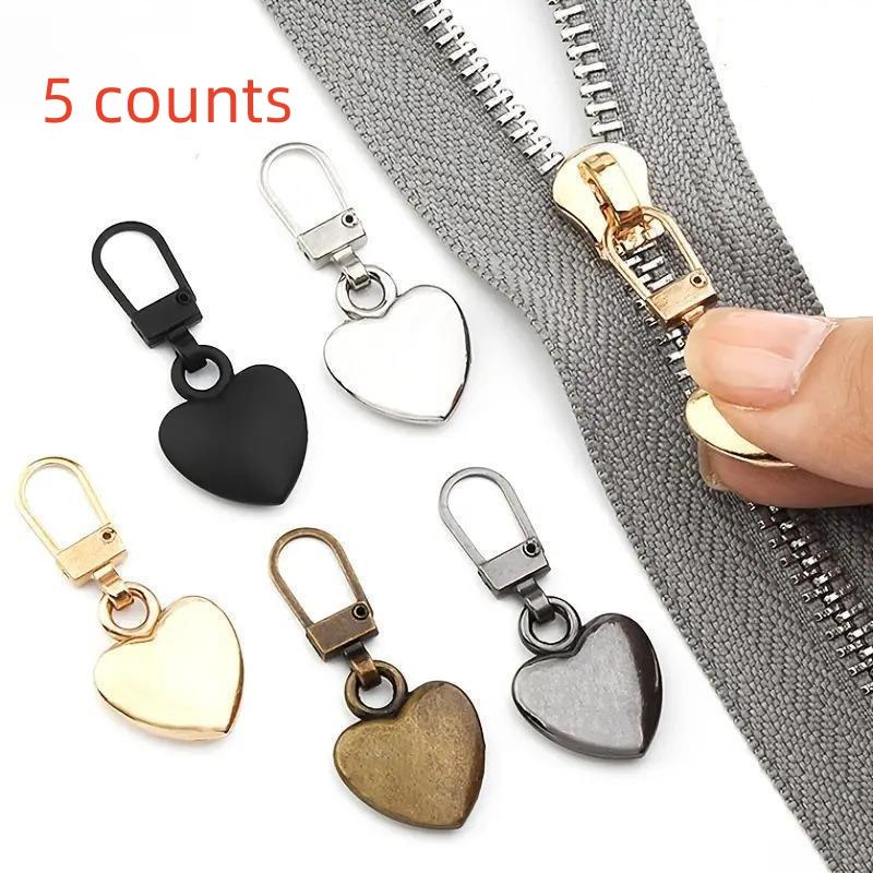 Heart Shaped Zipper Pull Replacement, 5 Counts Detachable Metal Zipper Pull Kit, Accessory for Coats Backpacks Jackets Pants Jeans Suitcase Purses Handbags