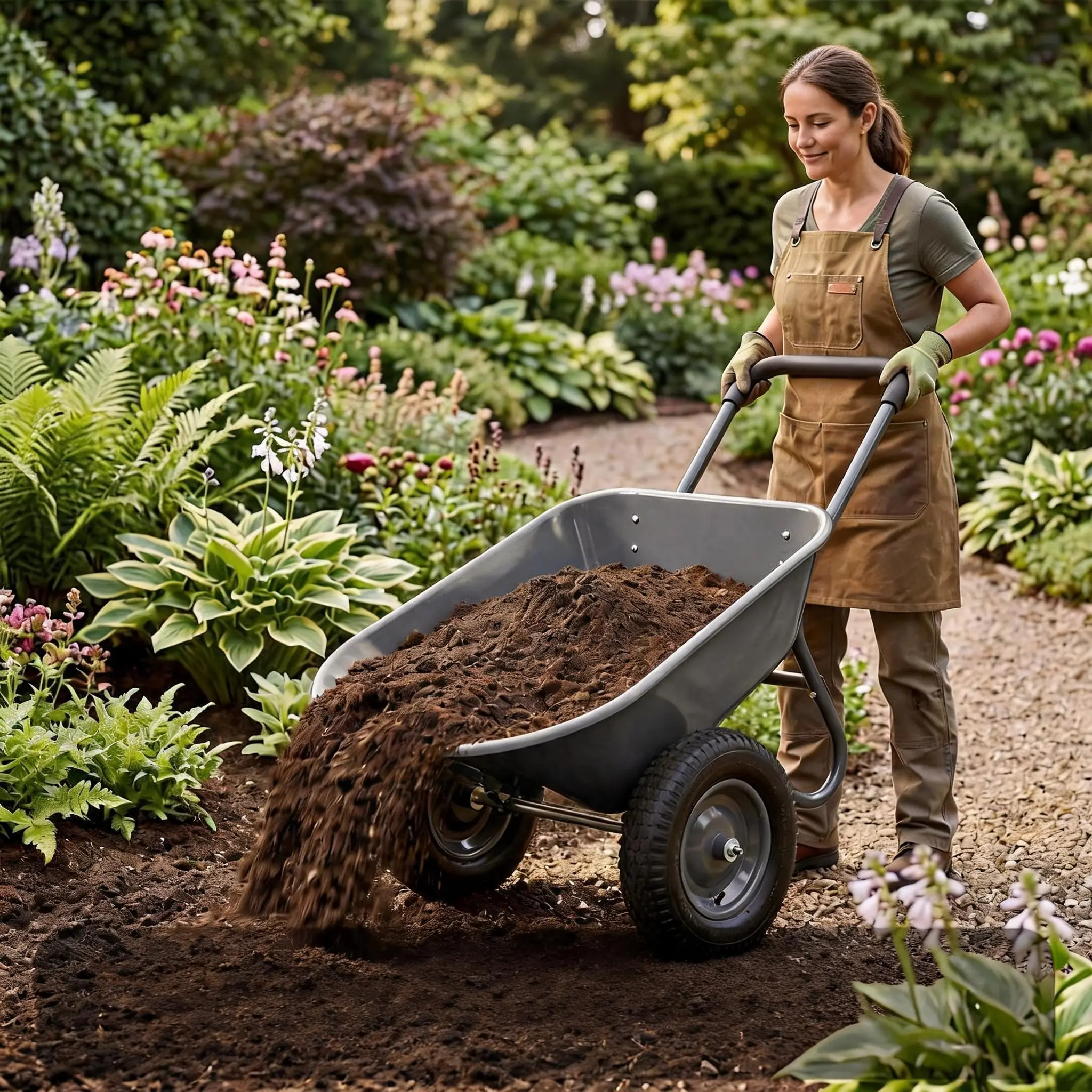Dual-Wheel Utility Wheelbarrow with Poly Tub, All Terrain No Flat Wheels, Load-Bearing Garden Dump Cart, Portable Hauling Wheelbarrow for Backyard, Farm, Lawn and Ranch