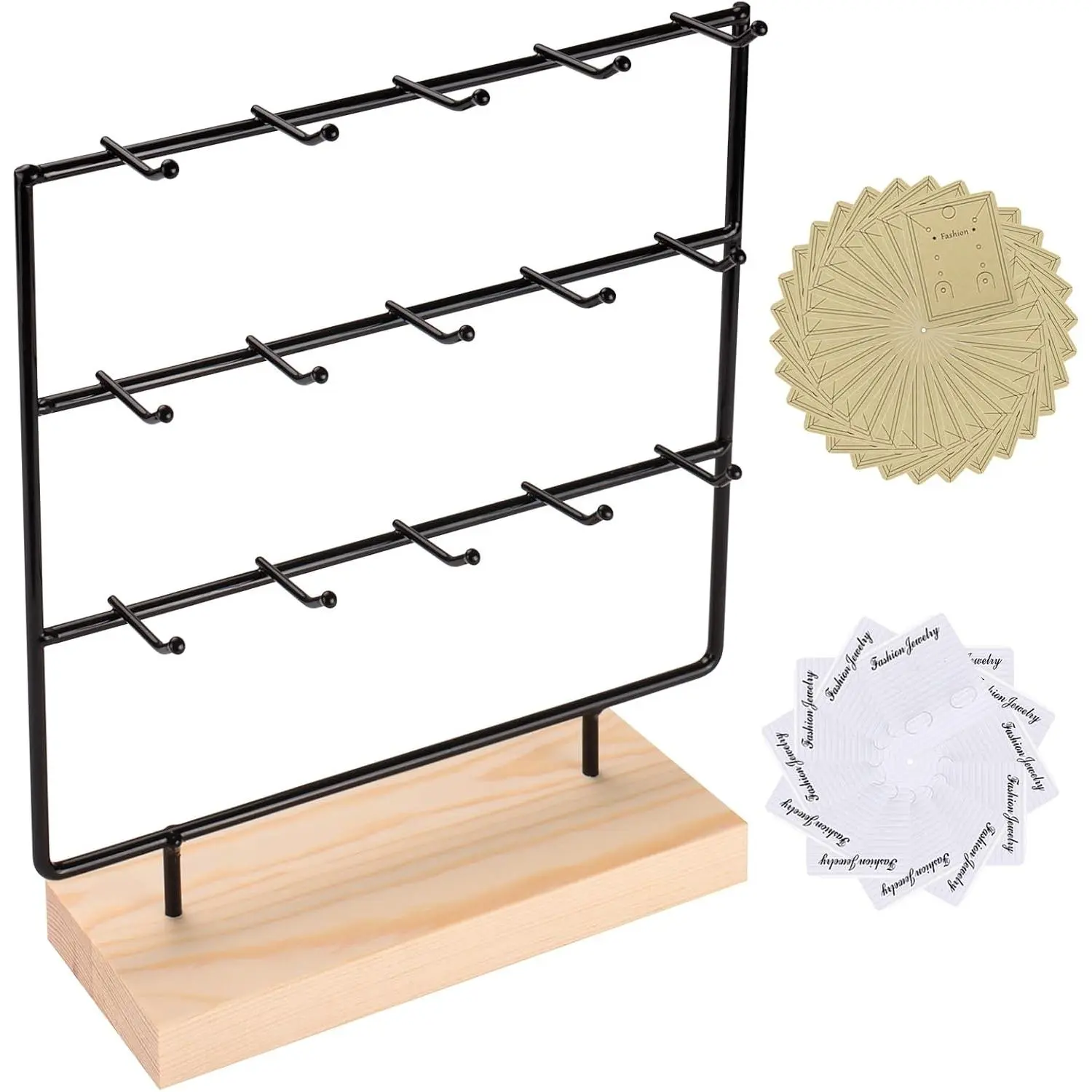 Modern Synthetic 3-Tier 15-Hook Earring Display Stand - Countertop Organizer Rack for Earrings, Necklaces, Rings, Bracelets, Keychains - Compact for Boutique, Trade Shows (Black)