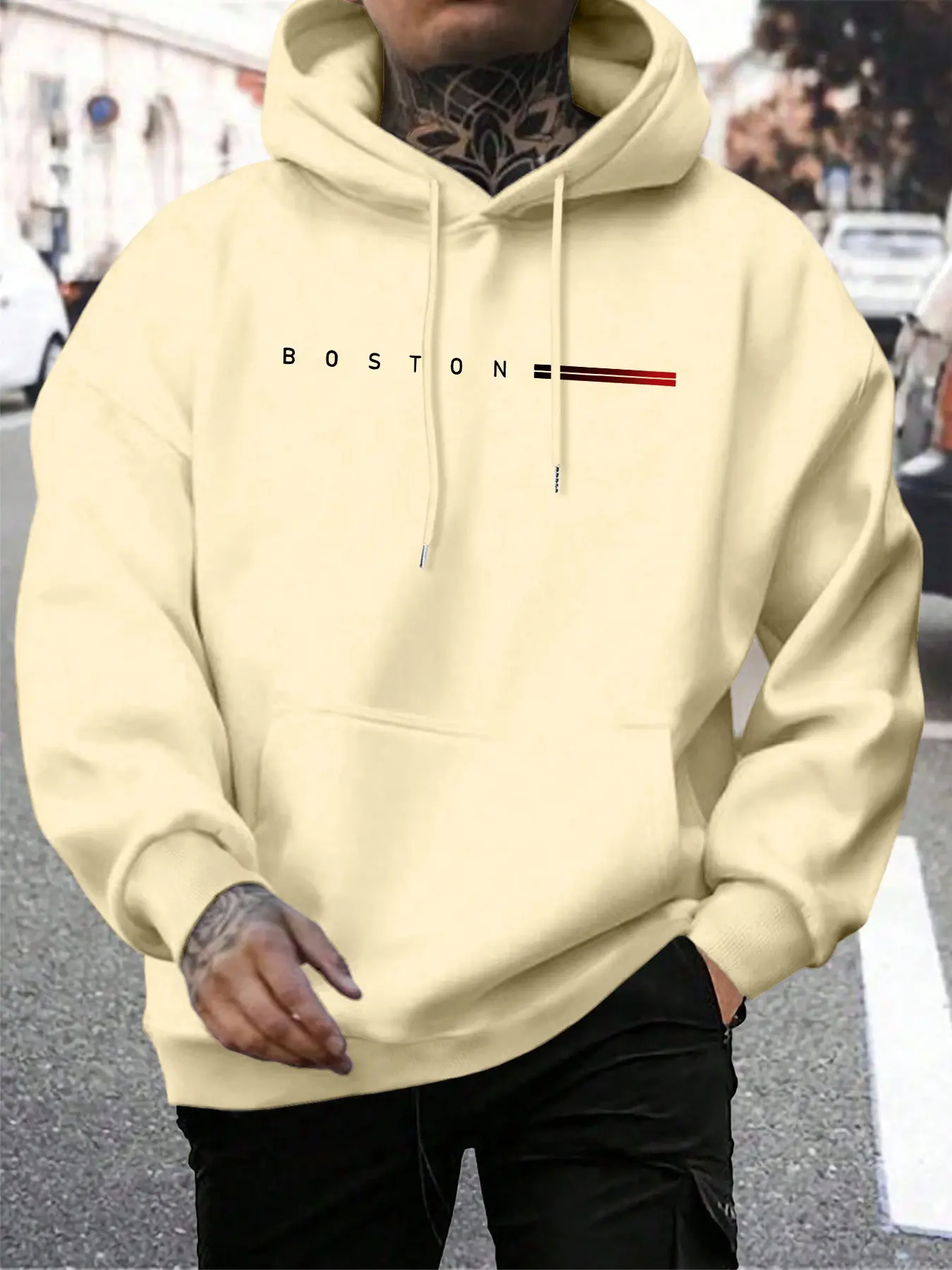 Men's Boston Print Hoodie, Fashion Casual Pullover with Pockets and Drawstring, Perfect for Daily Wear, Fall Winter Men's Clothing, Casual Hoodie Pullovers