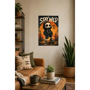 "Stay Wild Skeleton Skater Canvas Art| Desert Sunset Graffiti Print, Aesthetic Teen/Gaming Room Decor, Edgy Modern Statement Poster Gift",wall decor,poster.