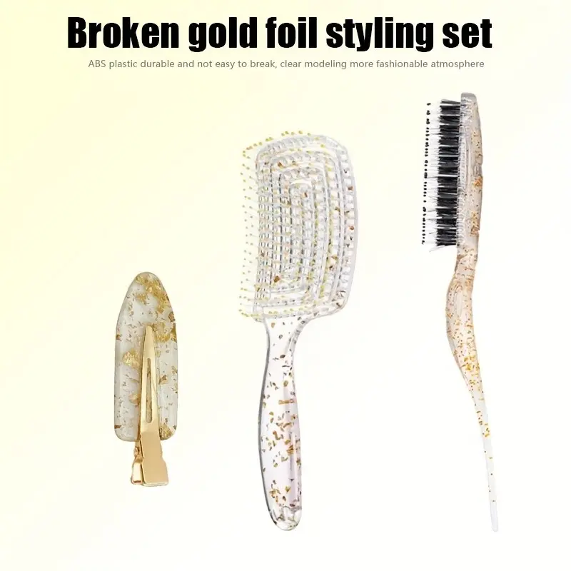 3pcs Gold Leaf Tool Set, Transparent Hair Clips, Massage Comb, Nylon Brush, Abs Handle, Fragrance-Free, Suitable for All Hair Types