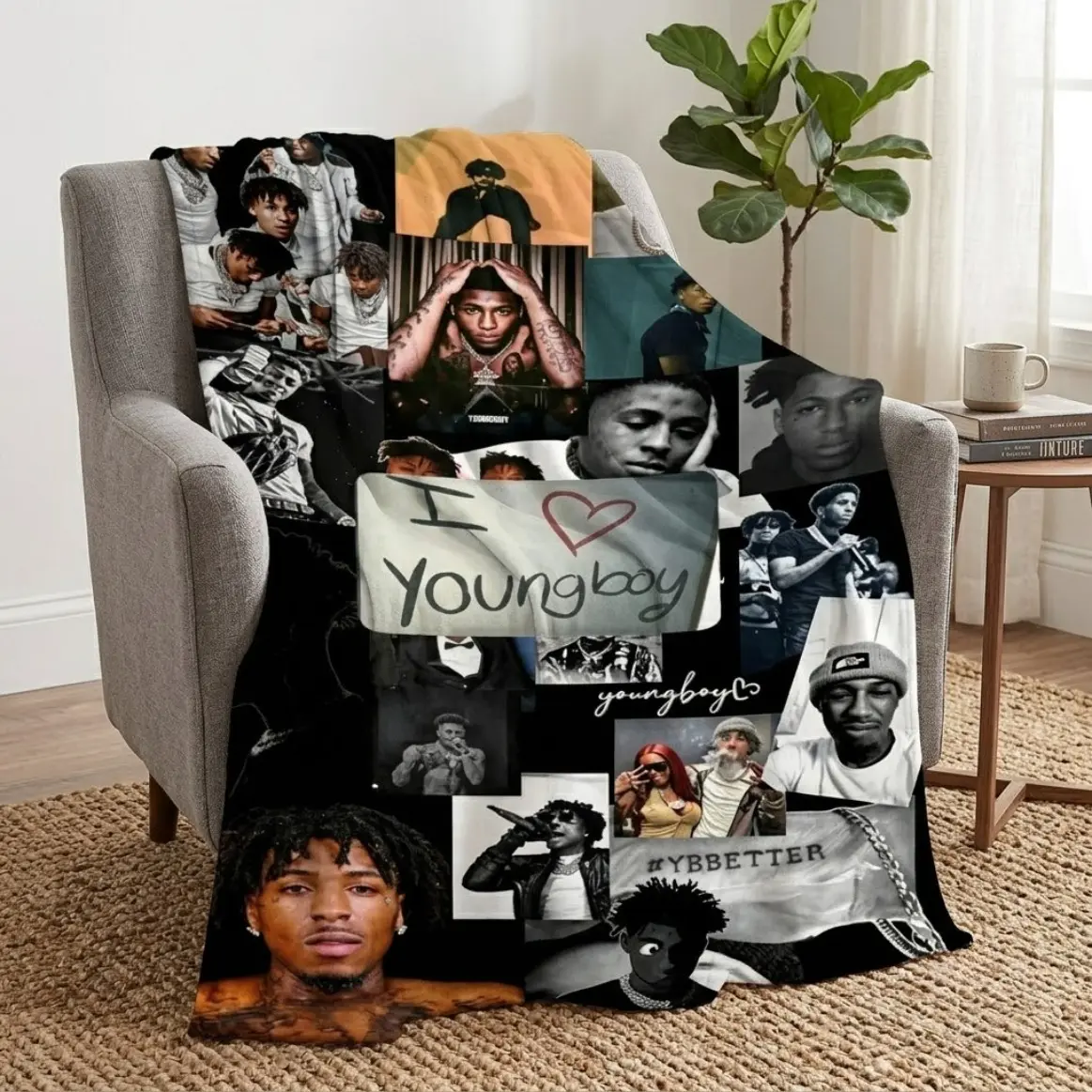 YoungBoy Never Broke Again Rapper Photo Collage Flannel Blanket Hip Hop Soft Plush Warm Throw Blanket For Bedroom Couch Nap Adult And Children Popular Music Fan Decorative Giftable Home Blanket