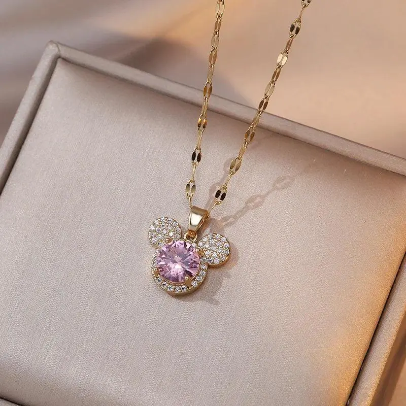 Stainless Steel Big Zircon Cartoon Mouse Head Necklaces for Women Girls Cute Crystal Accessories Gifts for Friends Fans
