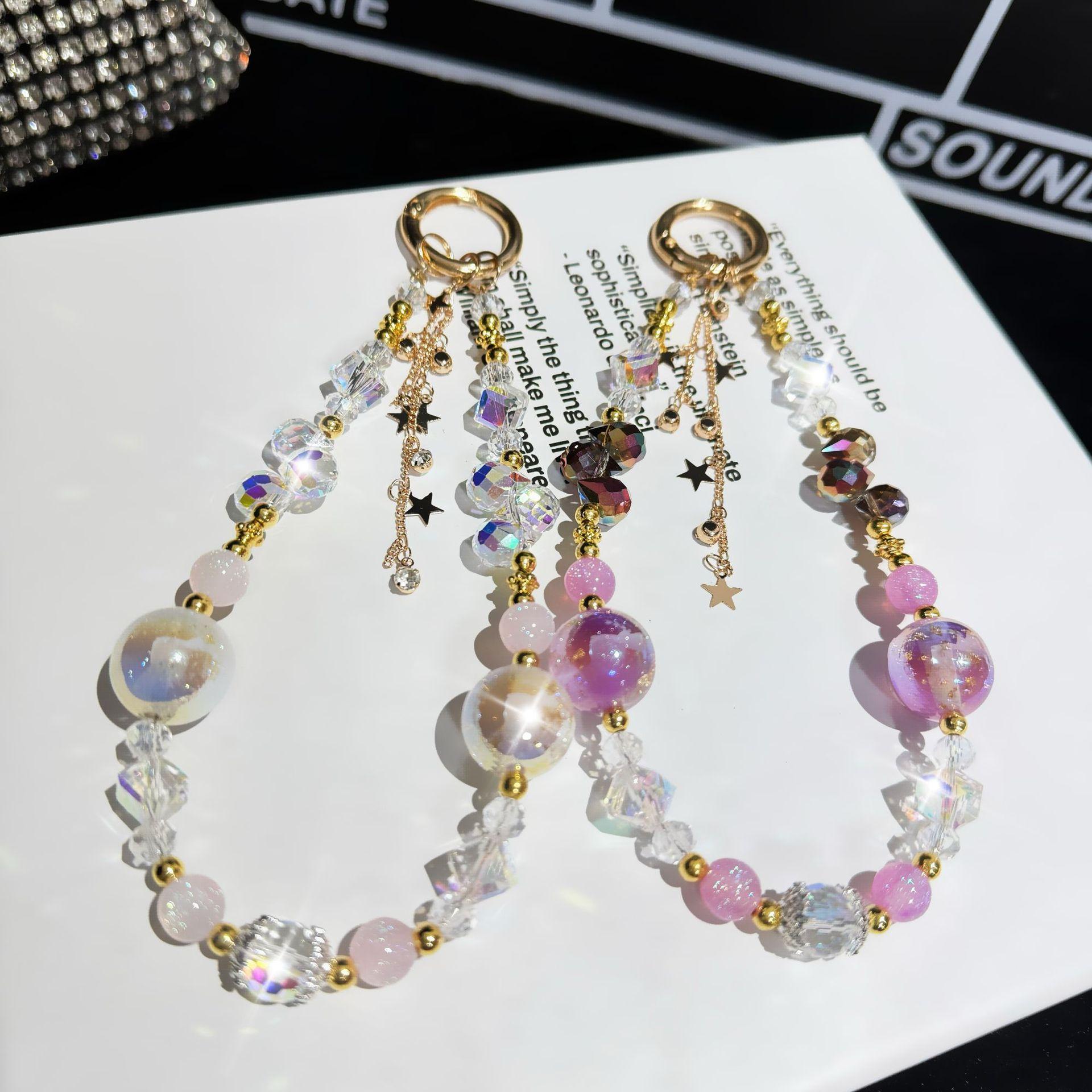 For Light Luxury Crystal Mobile Phone Chain Beaded Short Wrist Chain Fashion Butterfly Pendant Gold Leaf Hand-Made Lanyard