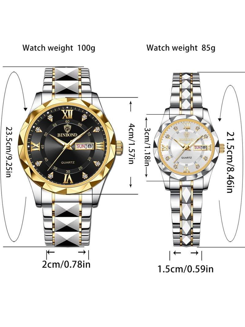 Couple Casual Water Resistant Watch, Fashion Waterproof Round Dial Analog Stainless Steel Quartz Watch Set with Date & Week Display Function, Modern Trendy Accessories As Gift with Box, Luminous Waterproof Watch, Fashionable Waterproof Watch