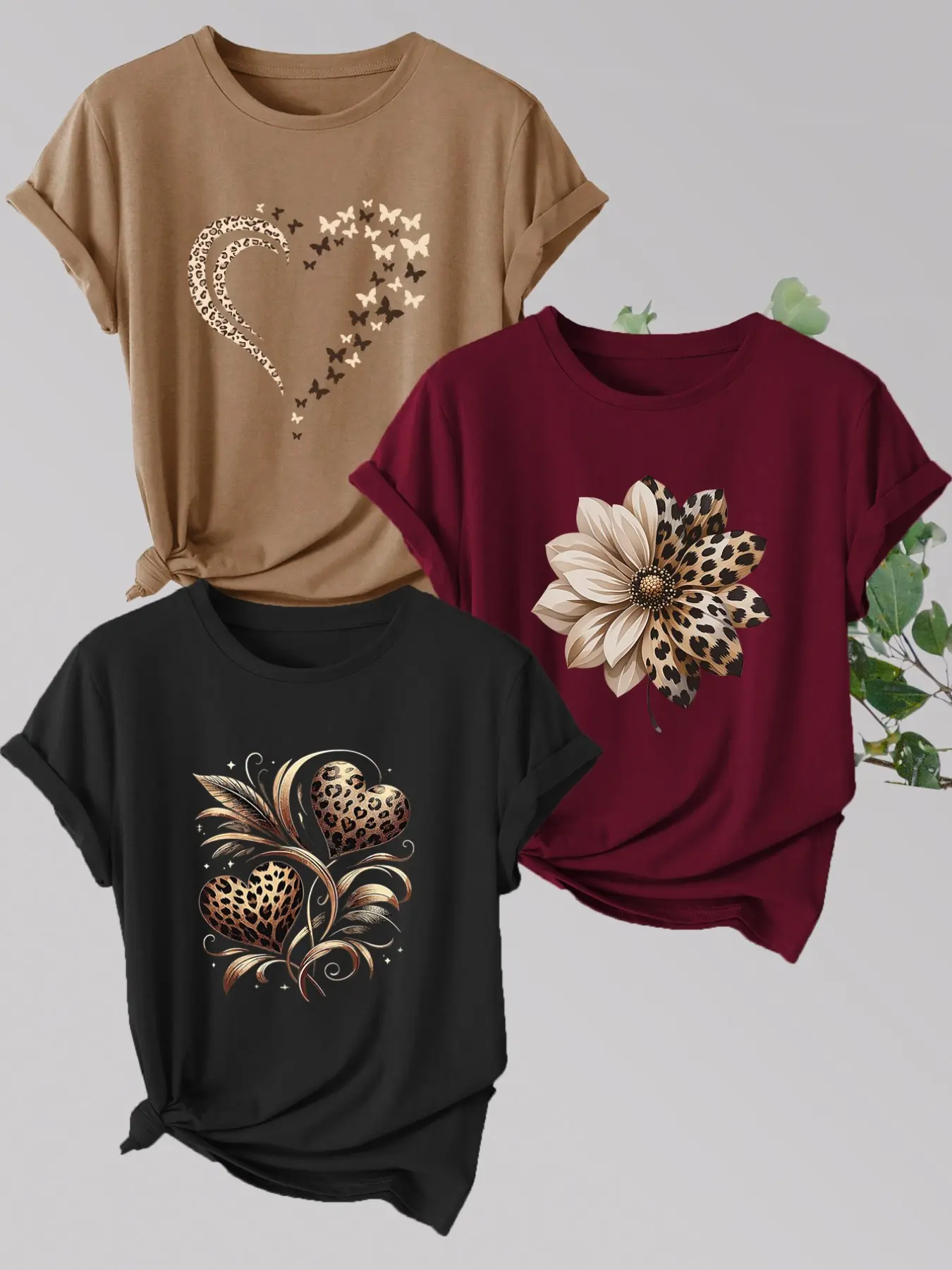 3-Pack Women's Casual Everyday T-Shirts, Leopard Flower & Butterfly Heart Print, Polyester, Round Neck Short Sleeve, Spring Summer Comfort
