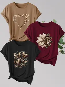 3-Pack Women's Casual Everyday T-Shirts, Leopard Flower & Butterfly Heart Print, Polyester, Round Neck Short Sleeve, Spring Summer Comfort