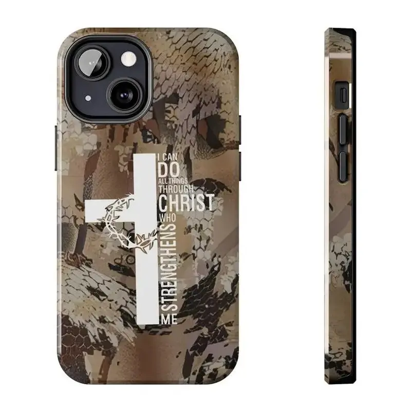 Vintage "I Can Do All Things Through Christ Who Strengthens Me" Camouflage Smartphone Case - PC & TPU Hybrid Shockproof Protector Casing for iPhone 18 17 Pro, 16 Pro Max, 15,14,13,12,11