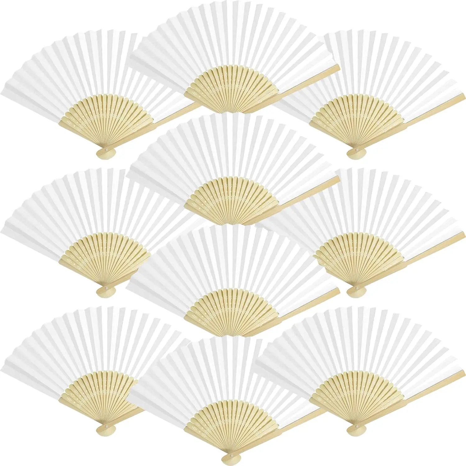 50 Packs White Bamboo Folding Handheld Paper Fans for Wedding Party and Home Decoration