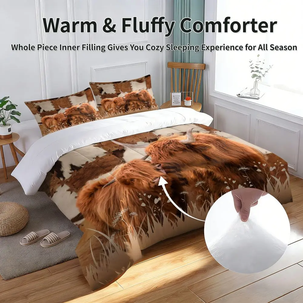 2/3Pcs Western Highland Cow Comforter Set, Rustic Farmhouse Bedding Set with Patchwork Hide Print, Soft Cozy Quilt with Pillowcase, Farm Animal Theme Home Bedroom Decor for Kids Teens Adults No Pillow Core