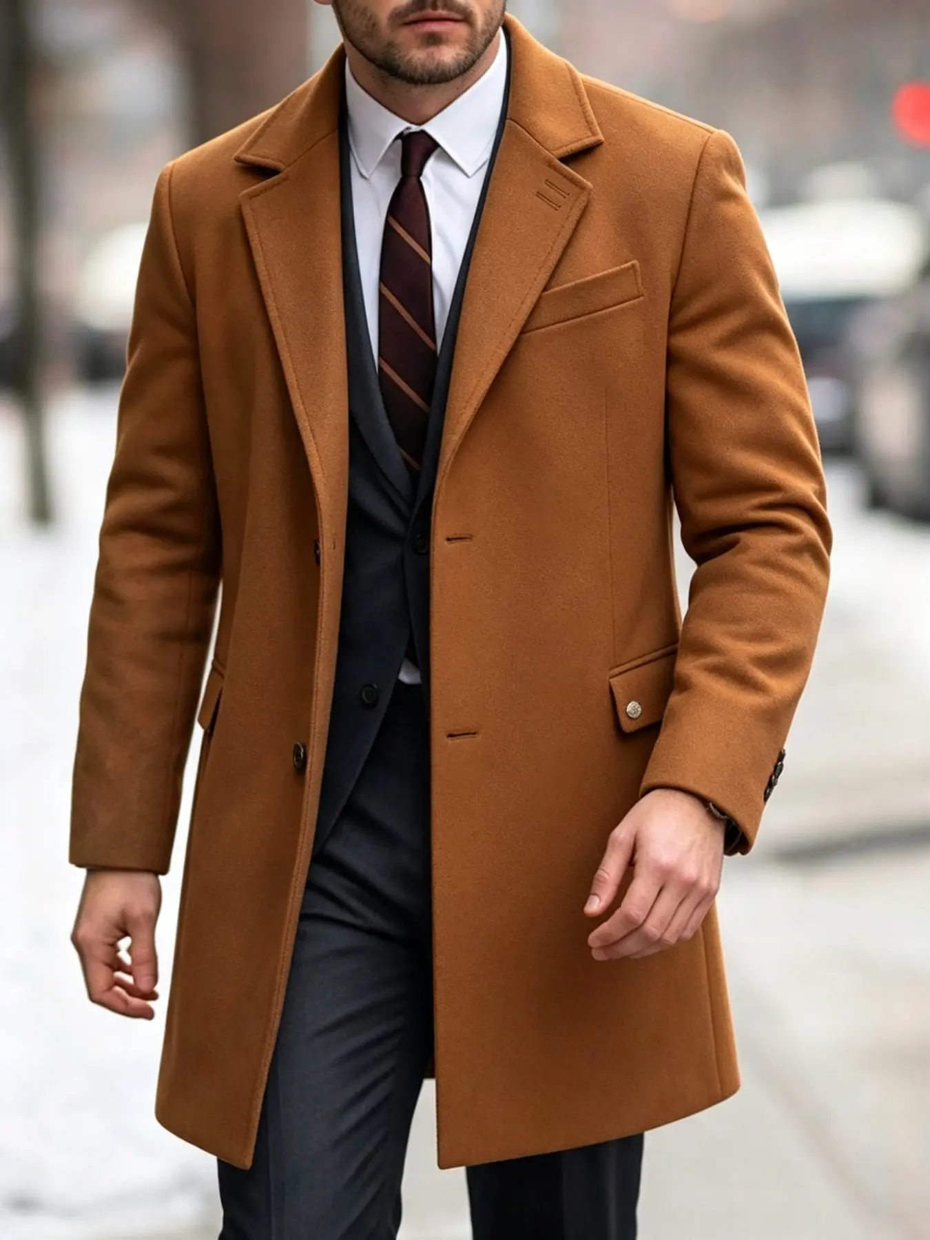 Men's mid-length wool-blend jacket; a sophisticated, mature-style coat perfect for autumn and winter—a minimalist wardrobe essential.