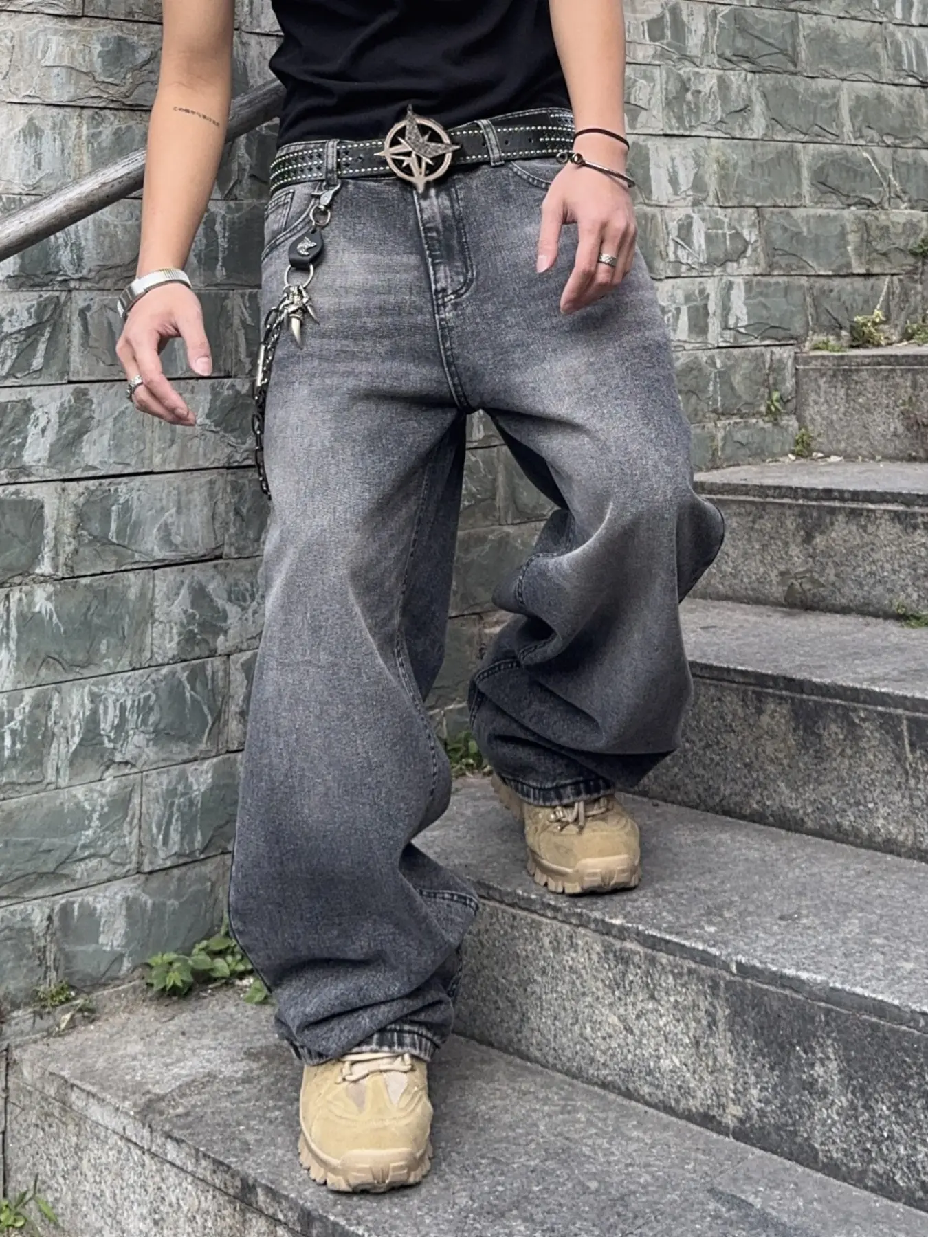 Men's Fashion Denim Jeans, Trendy Streetwear Distressed Wide Leg Pants, Skateboard Hip Hop Style, Comfortable Daily Wear, Multiple Sizes Available