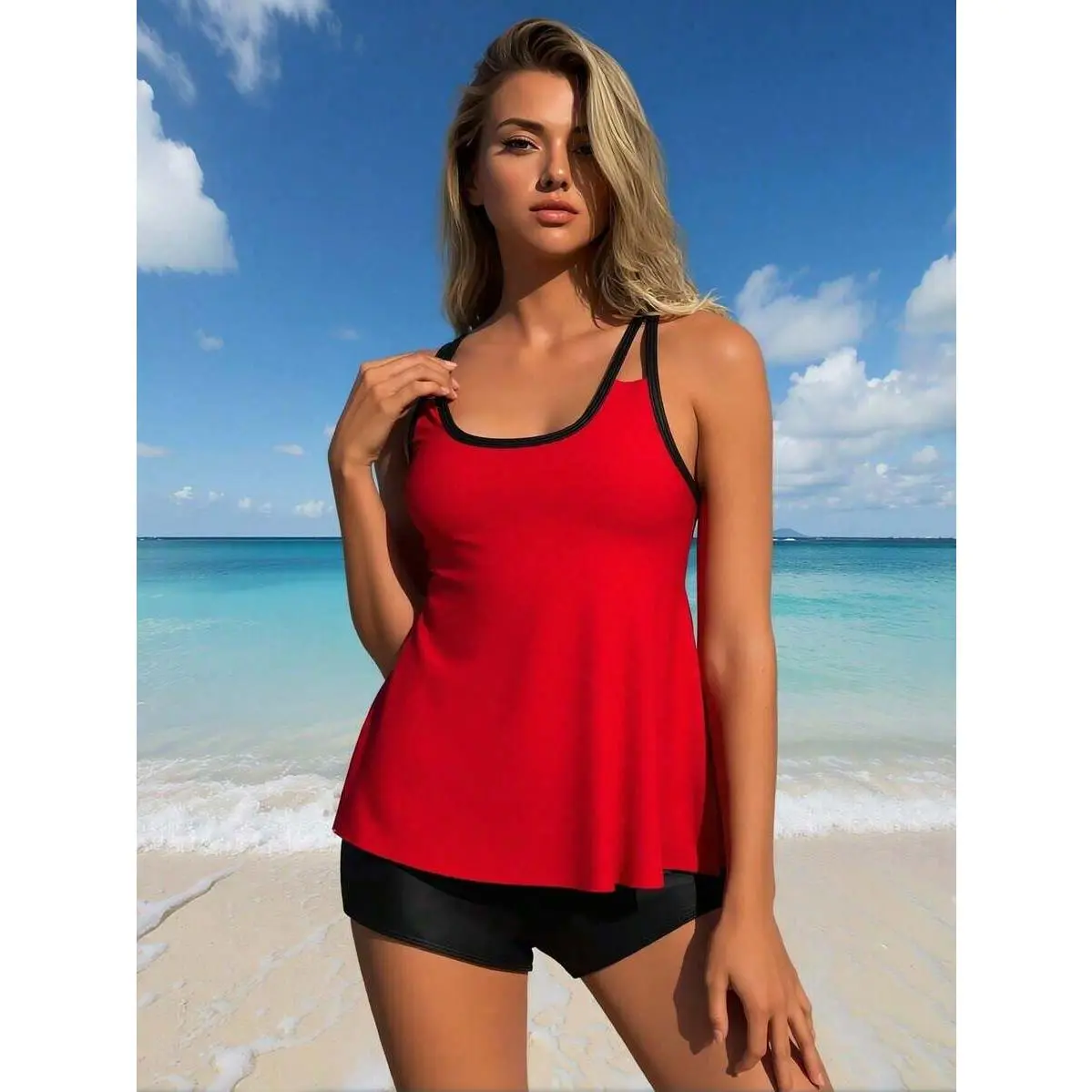 Women's 2026 New Tankini Swimsuits - Red & Black Contrast Thin-Strap Tank, Black Boyleg Bottoms Beachwear