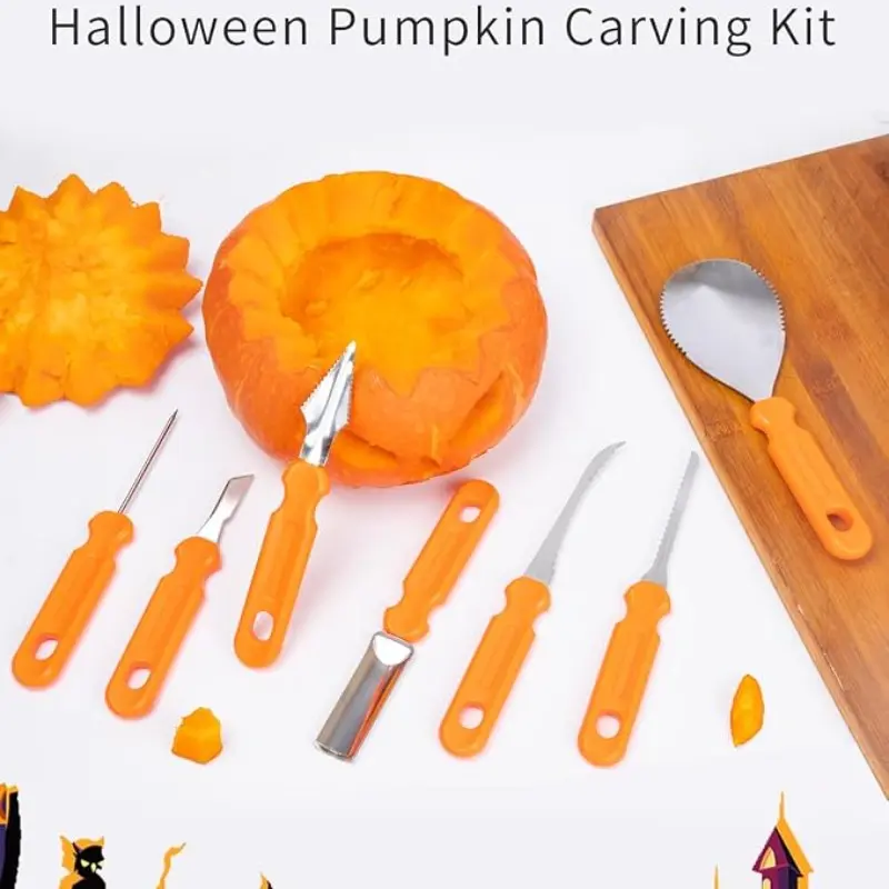 Halloween Pumpkin Carving Tool Set, Professional Stainless Steel Knife, Saw, Scoop, 7-Piece Kit, Adult & Kids, Jack O' Lantern Decor