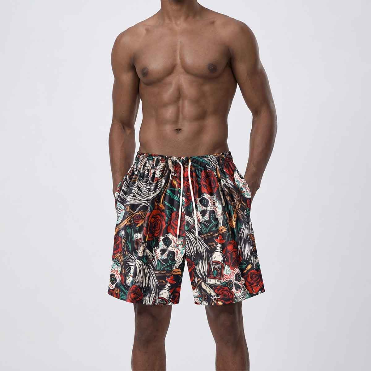 Gothic Skull Print Mens 2 Style Beach Shorts Set Casual Drawstring Quick Dry Swim Trunks for Summer Vacation and Surfing