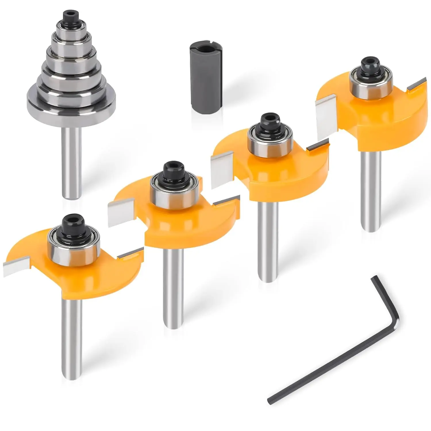 Rabbeting Router Bit Set with 6 Bearings, 1/4-Inch Shank, 4 count Bits | (1/8",3/8" to 1/2" Height) for Woodworking, Rabbet, Biscuit Joiner & Slot ,Bearings with 1/2" to 1/4" Router Collett