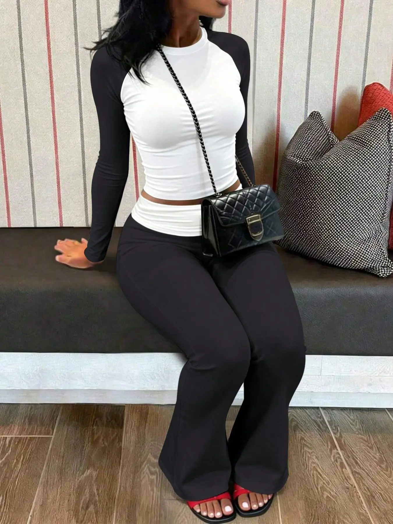 Women's Lw-Sherowear Slim Fit Casual Set, Colorblock Round Neck Short Sleeve T-Shirt + High Waist Stretch Joggers, All Seasons Wear，Ladies Casual Tracksuit Colorblock Cropped Long Sleeve Top High Waist Foldover Flare Yoga Pants Loungewear Set
