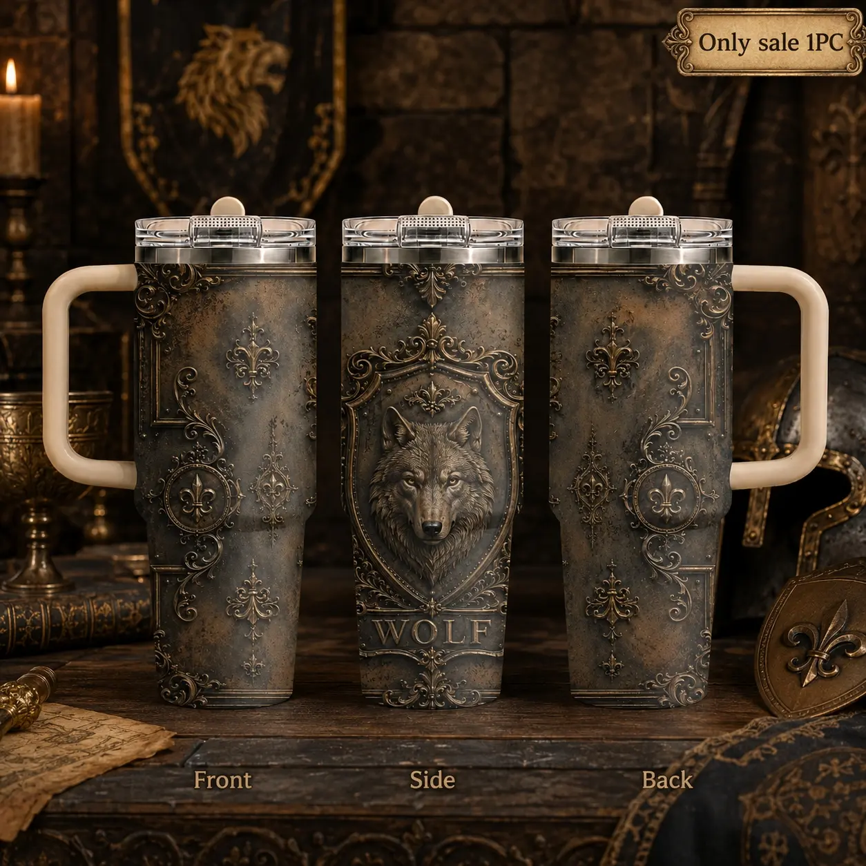 Bronze Men Hunting Deer Wolf Vacuum Flasks 40oz 3rd Gen Vacuum Insulated Tumbler with Handle & Straw Lid, Leak-Proof Stainless Steel Travel Mug for Water, Coffee, Gym, Office, Car Cup Holder